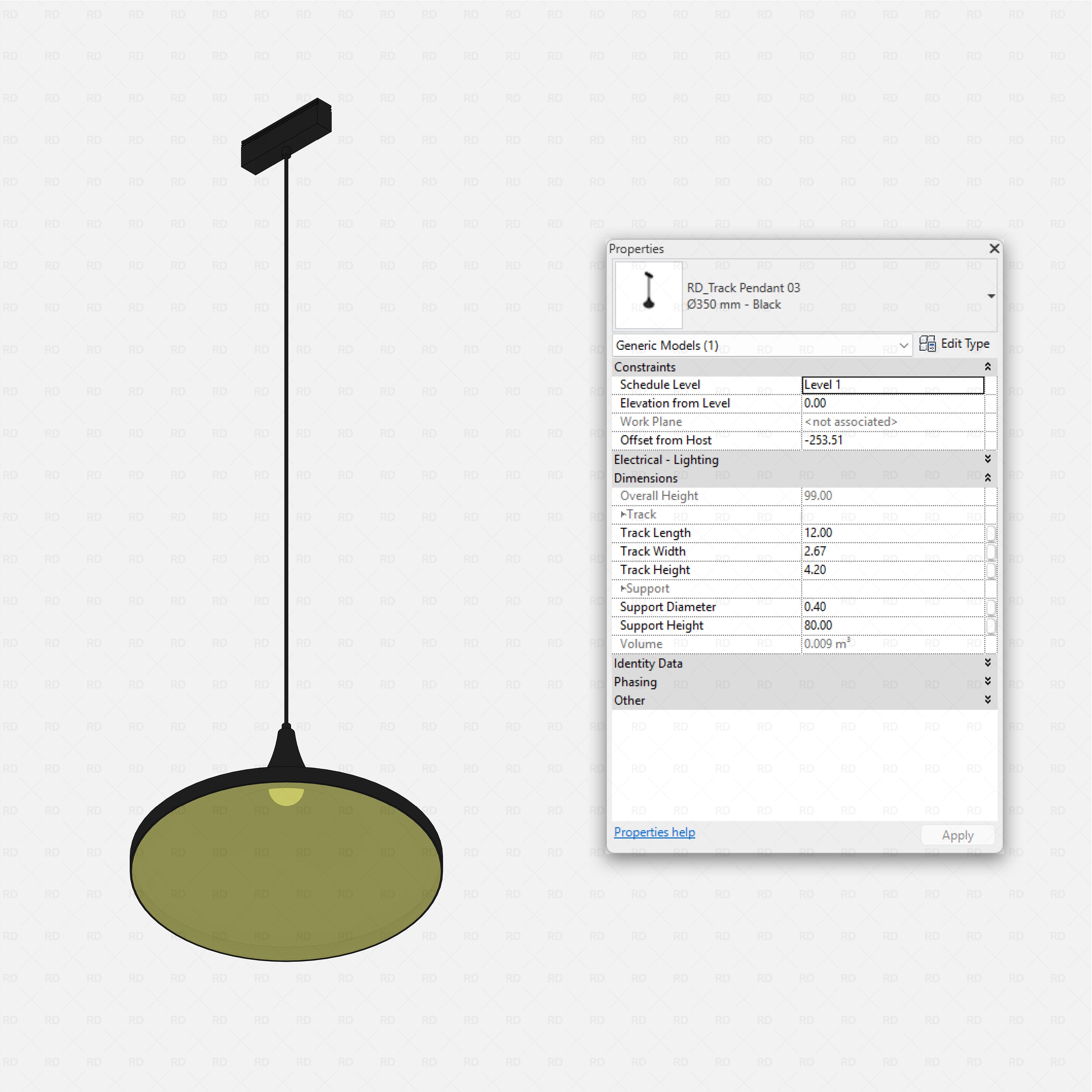 Revit Track Lights System - Ultimate Pack RD Studio BIM blocks rfa, round disc track pendant light 03 on slim stem