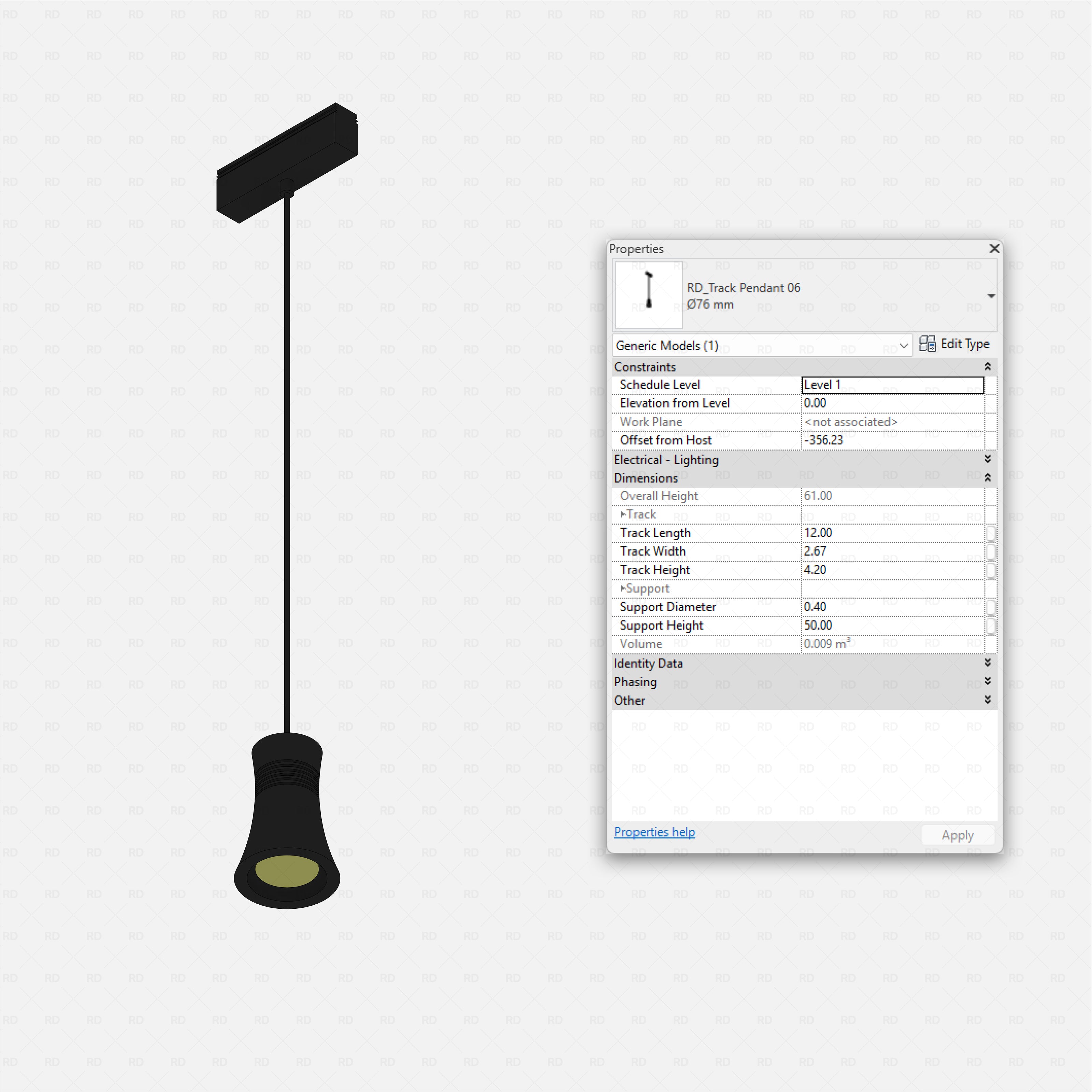 Revit Track Lights System - Ultimate Pack RD Studio BIM blocks rfa, black cone-shaped track pendant light 06
