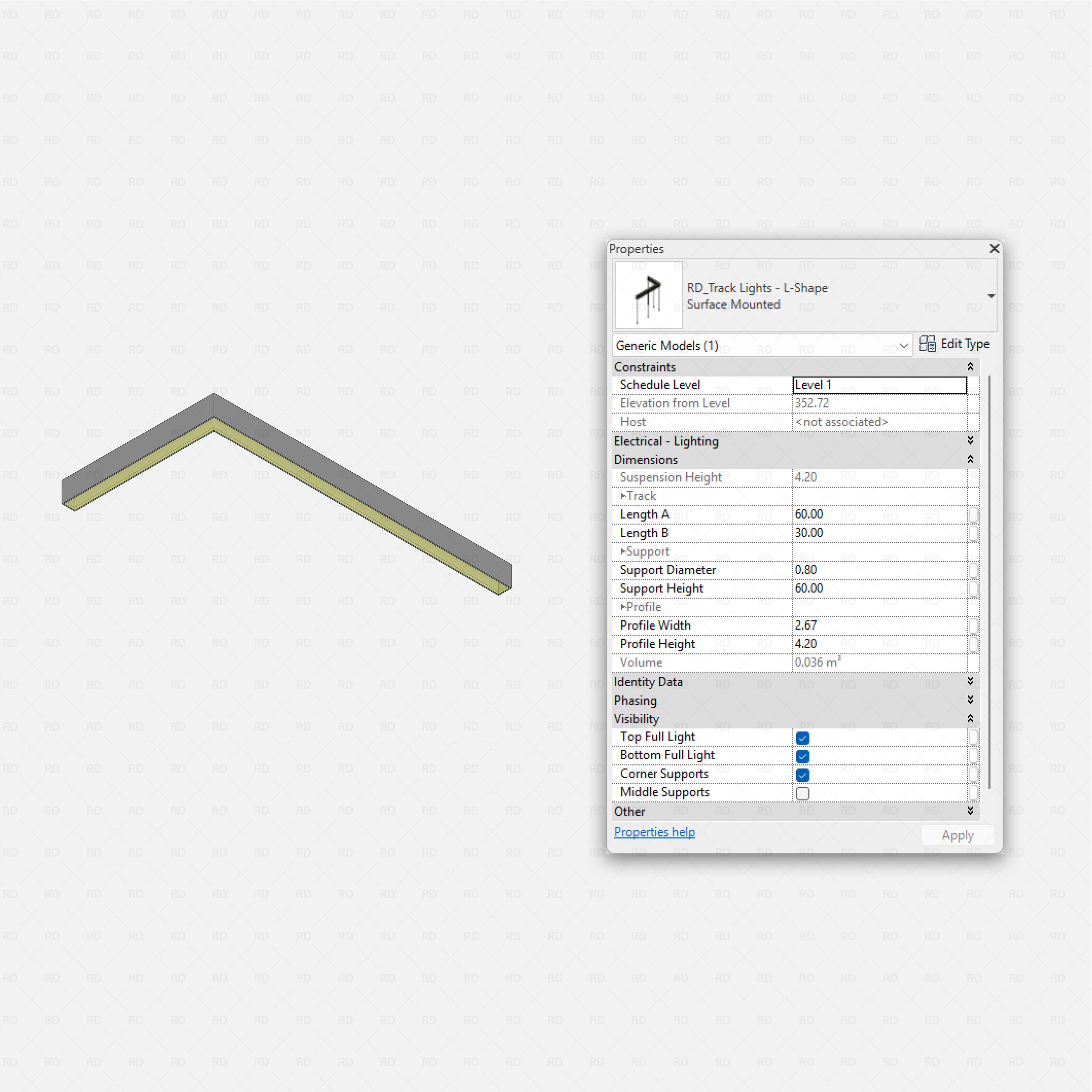 Revit Track Lights System - Ultimate Pack RD Studio BIM blocks rfa, L-shape linear track light surface mounted