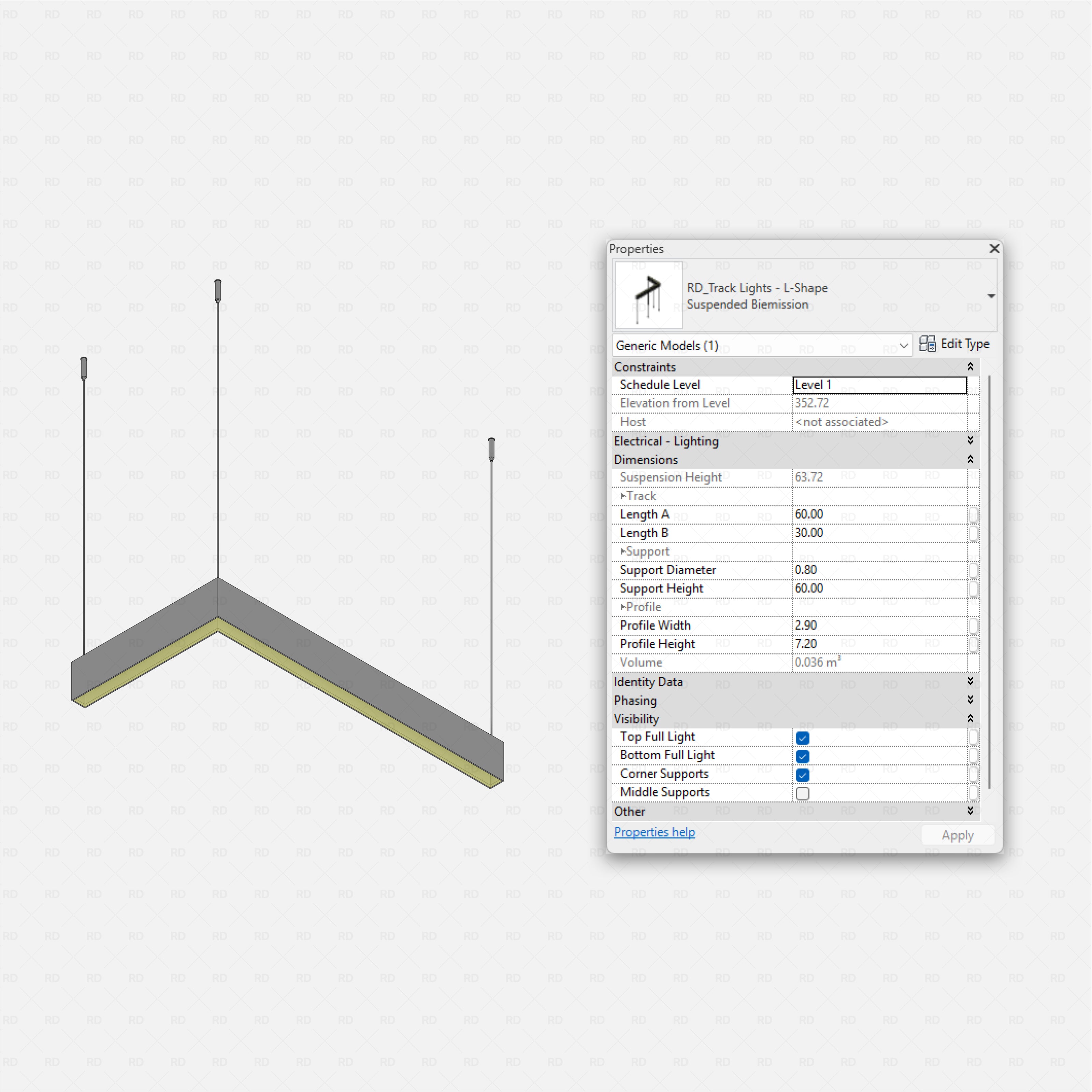 Revit Track Lights System - Ultimate Pack RD Studio BIM blocks rfa, L-shape suspended bi-emission linear track light