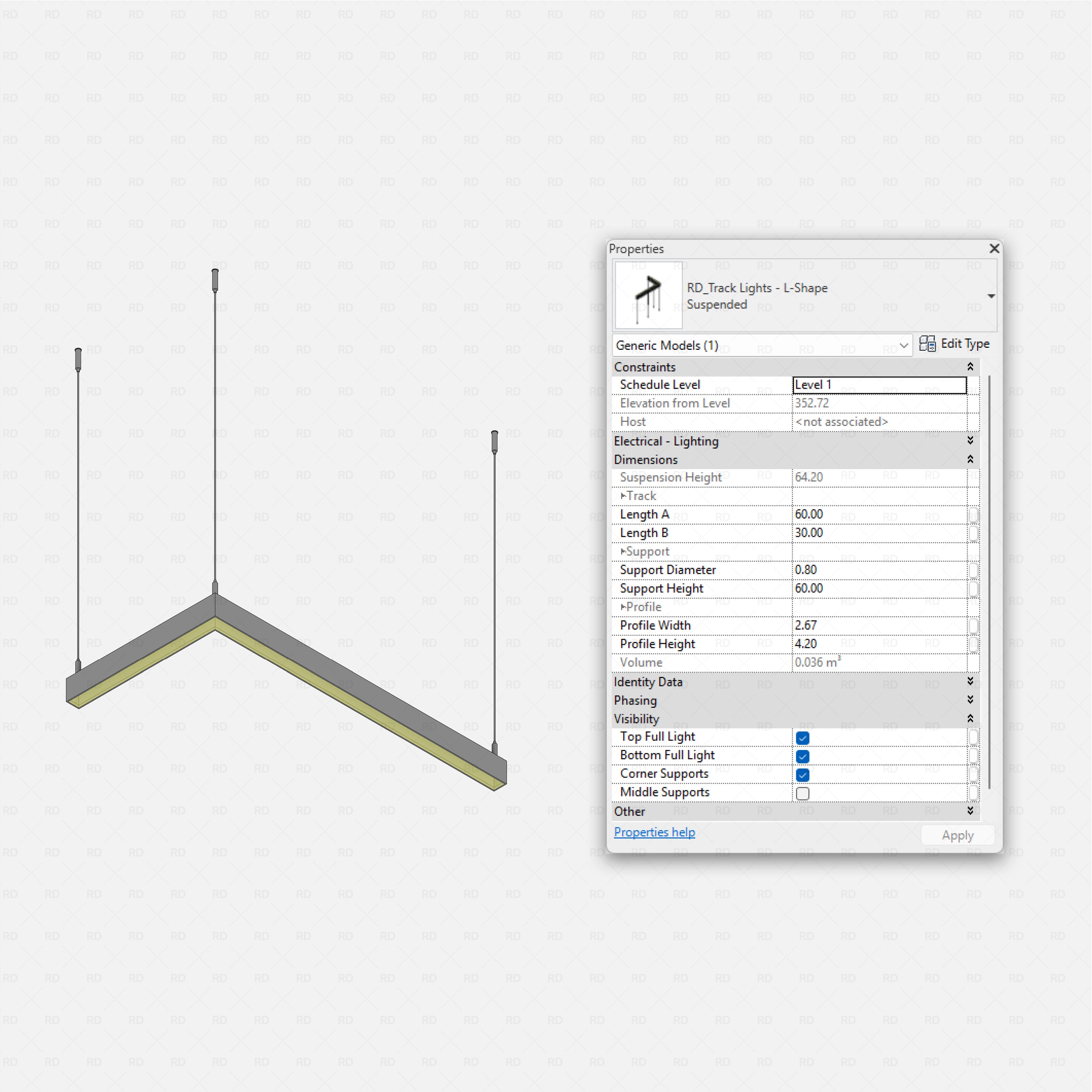 Revit Track Lights System - Ultimate Pack RD Studio BIM blocks rfa, L-shape suspended single-emission linear track light
