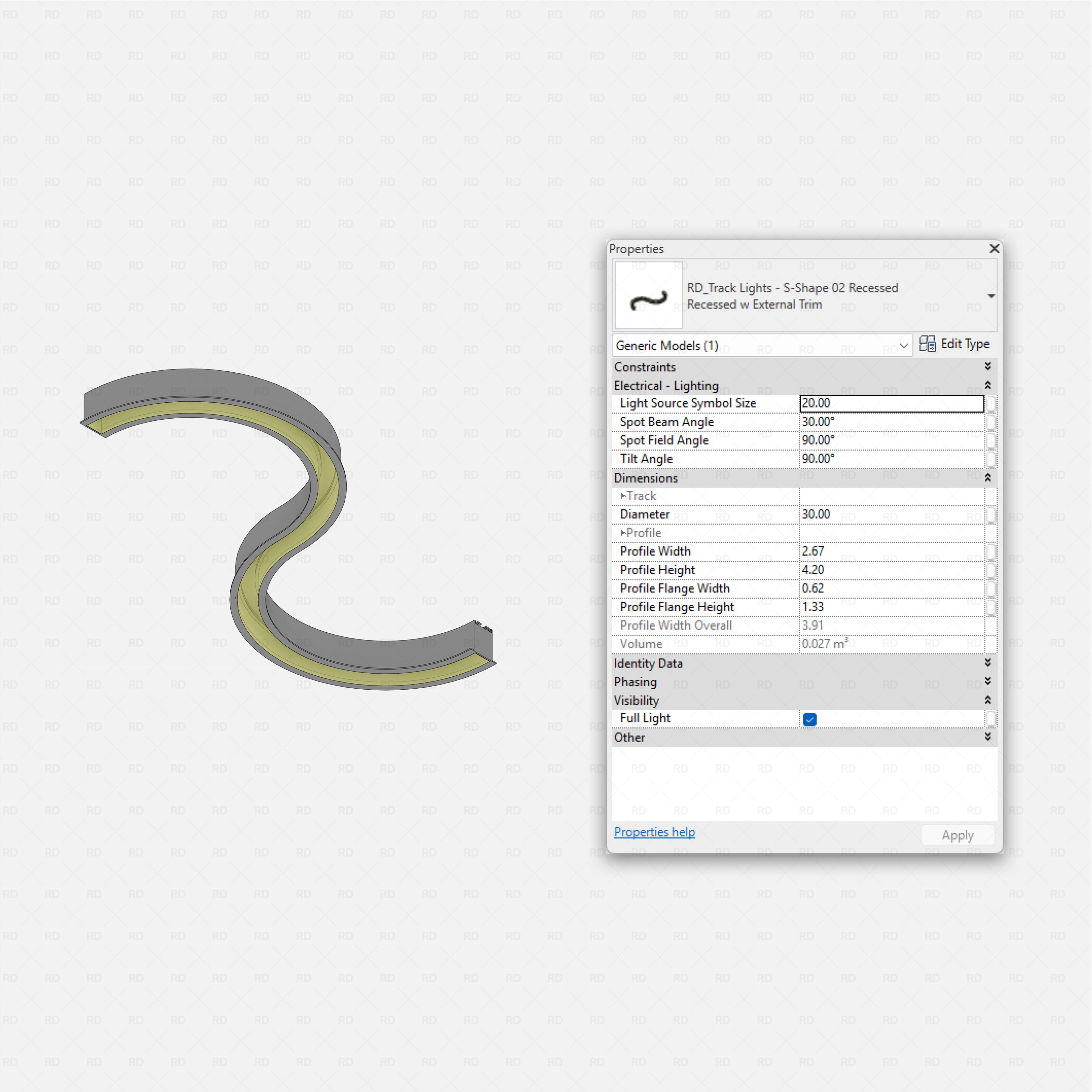 Revit Track Lights System - Ultimate Pack RD Studio BIM blocks rfa, S-shape recessed linear track light with trim