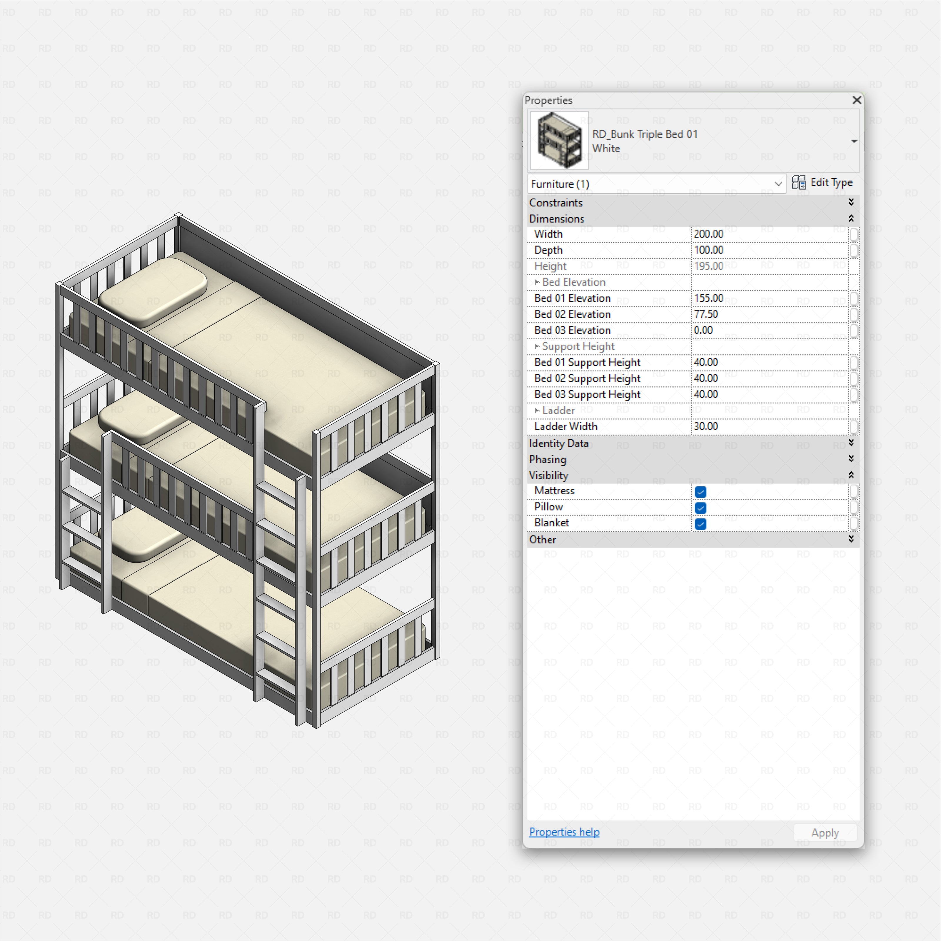 Revit triple bunk bed 01 RD Studio BIM blocks rfa, vertical triple stack with centered ladders.