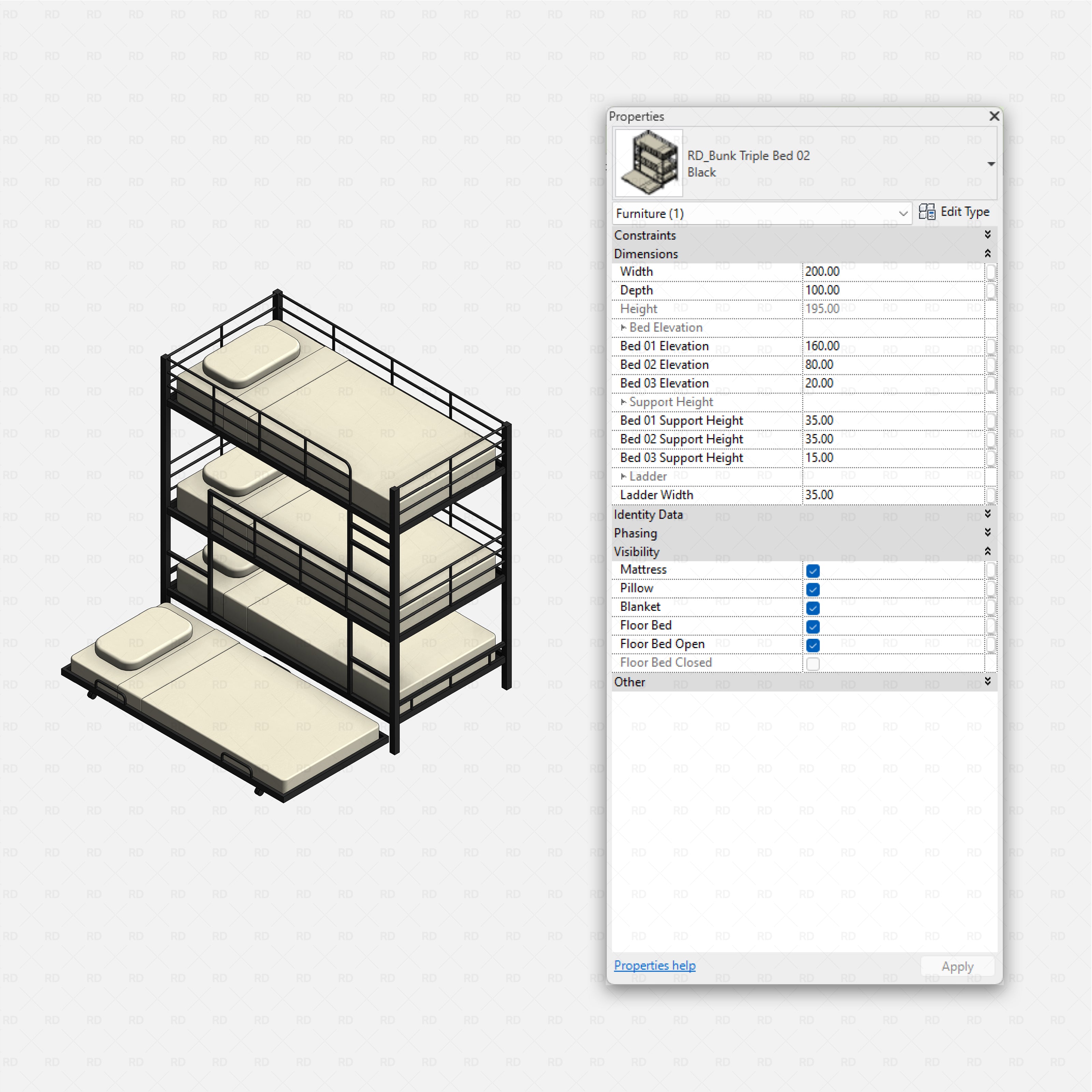 Revit triple bunk bed 01 RD Studio BIM blocks rfa, triple stack with pull-out floor bed extended.