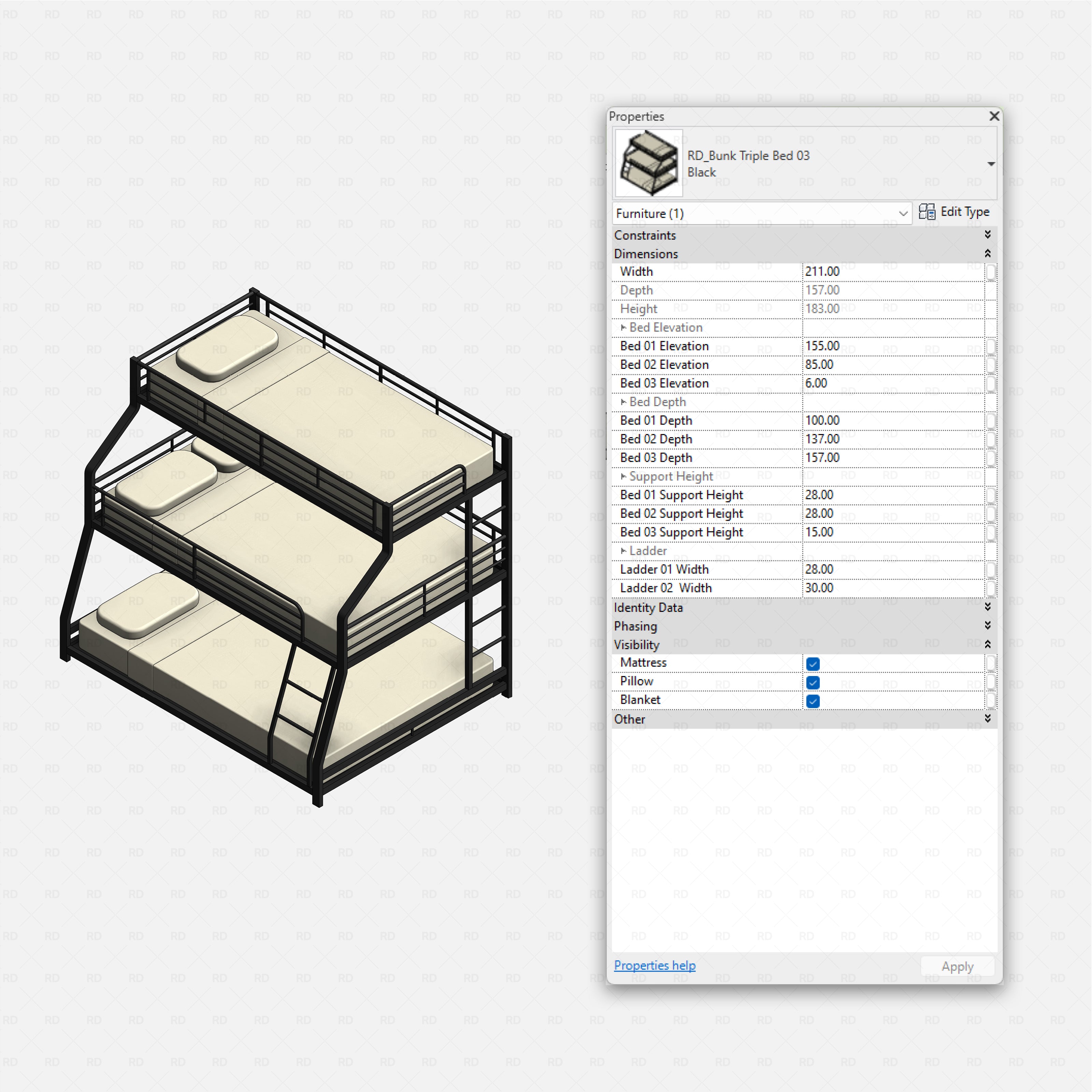 Revit triple bunk bed 01 RD Studio BIM blocks rfa, triple with wide lower bed and angled frame.