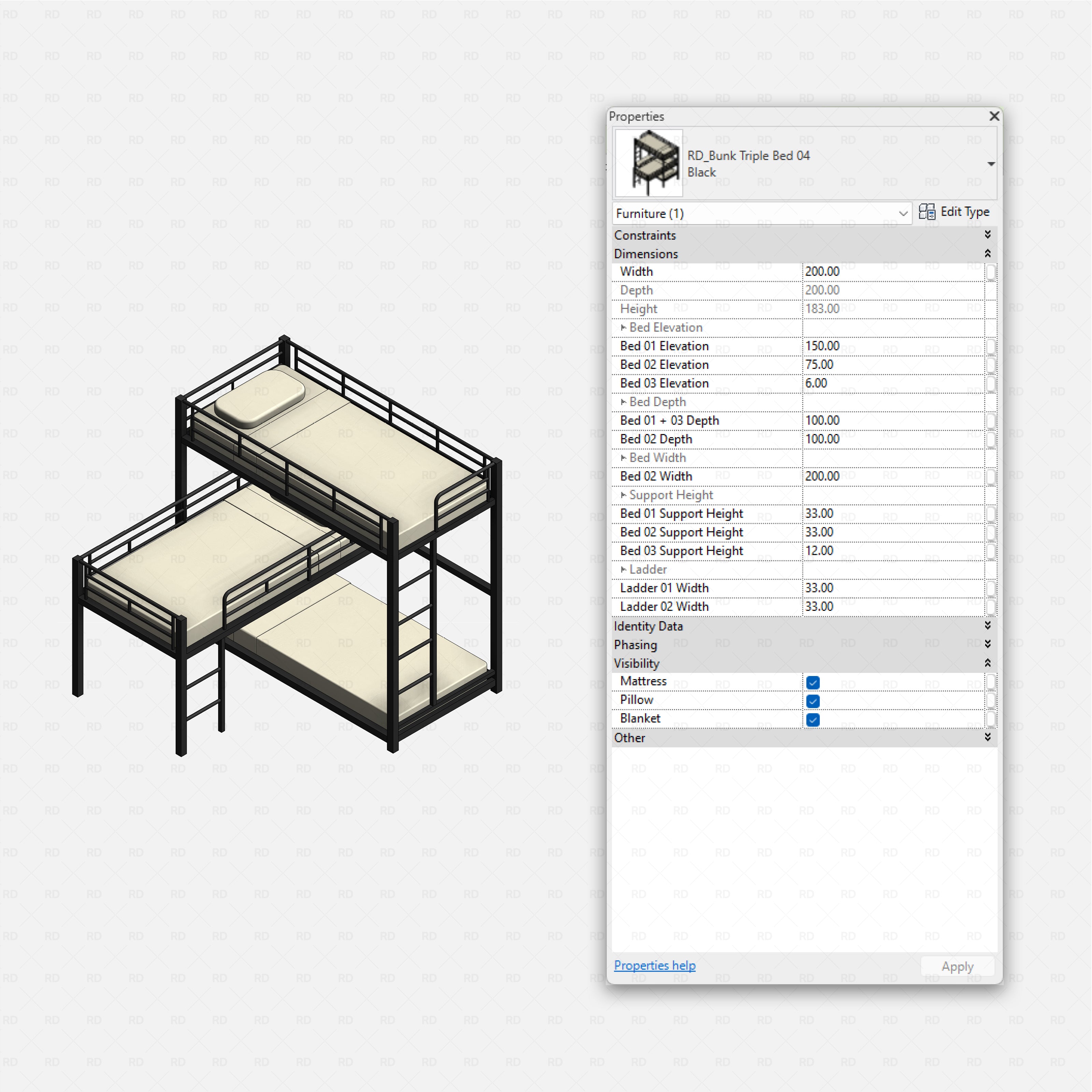 Revit triple bunk bed 01 RD Studio BIM blocks rfa, offset twin over twin triple with two ladders.
