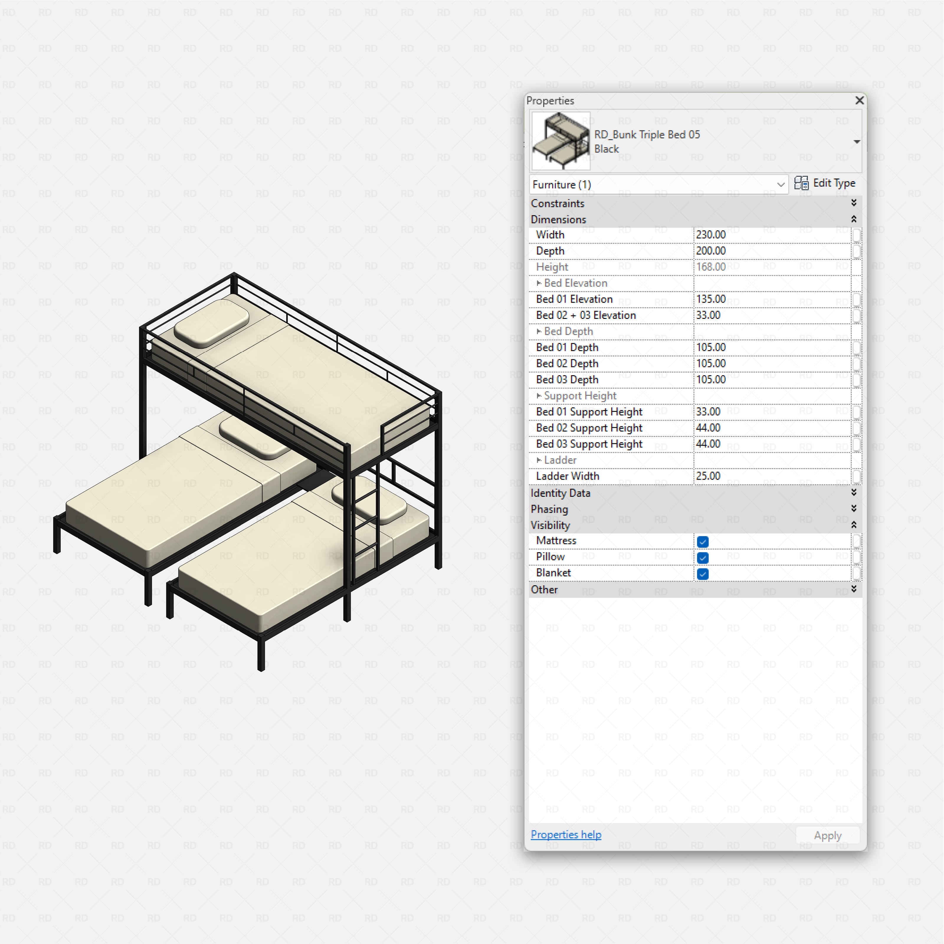 Revit triple bunk bed 01 RD Studio BIM blocks rfa, offset triple bunk with twin ladders, metal frame