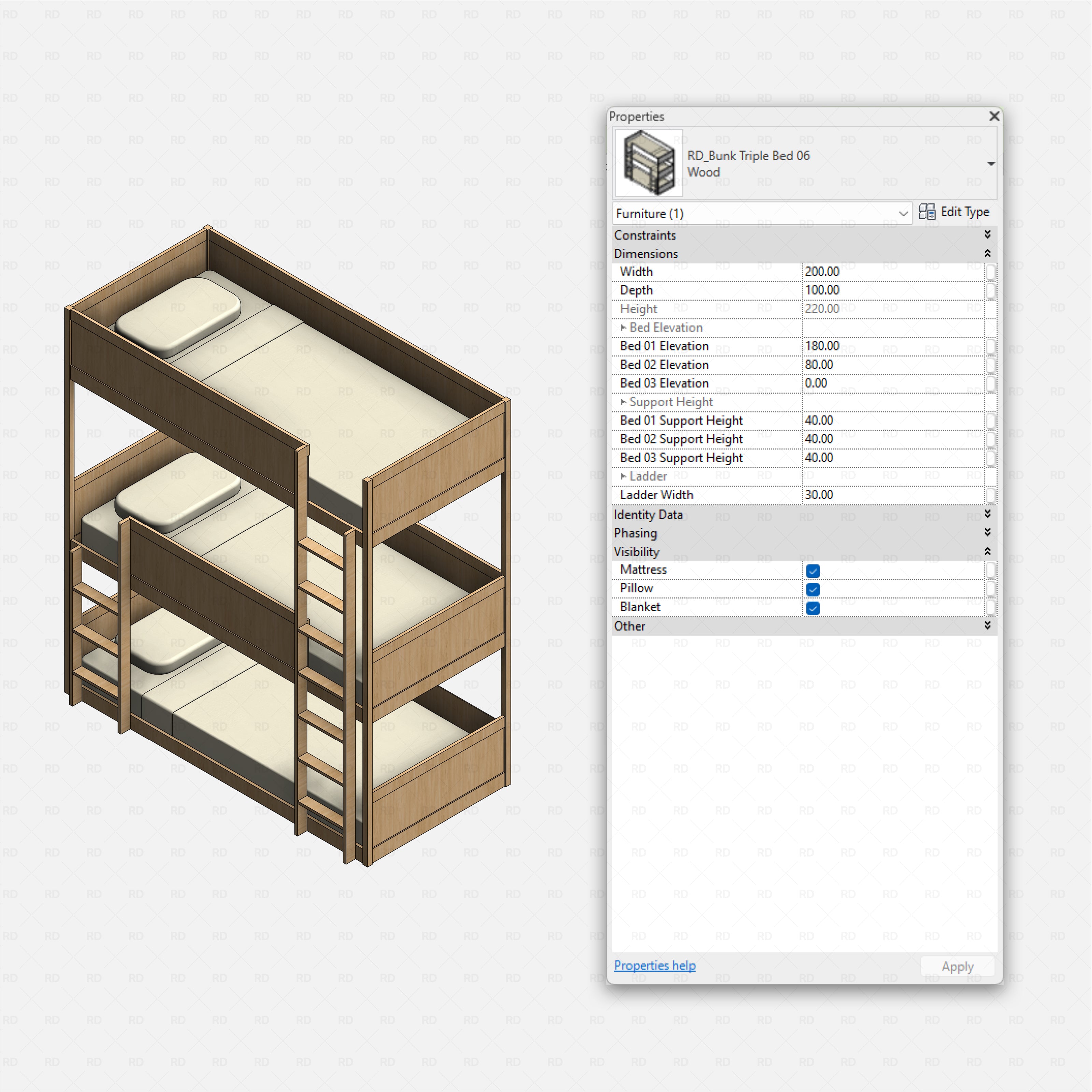 Revit triple bunk bed 01 RD Studio BIM blocks rfa, top bunk over two slide-out floor singles, black frame