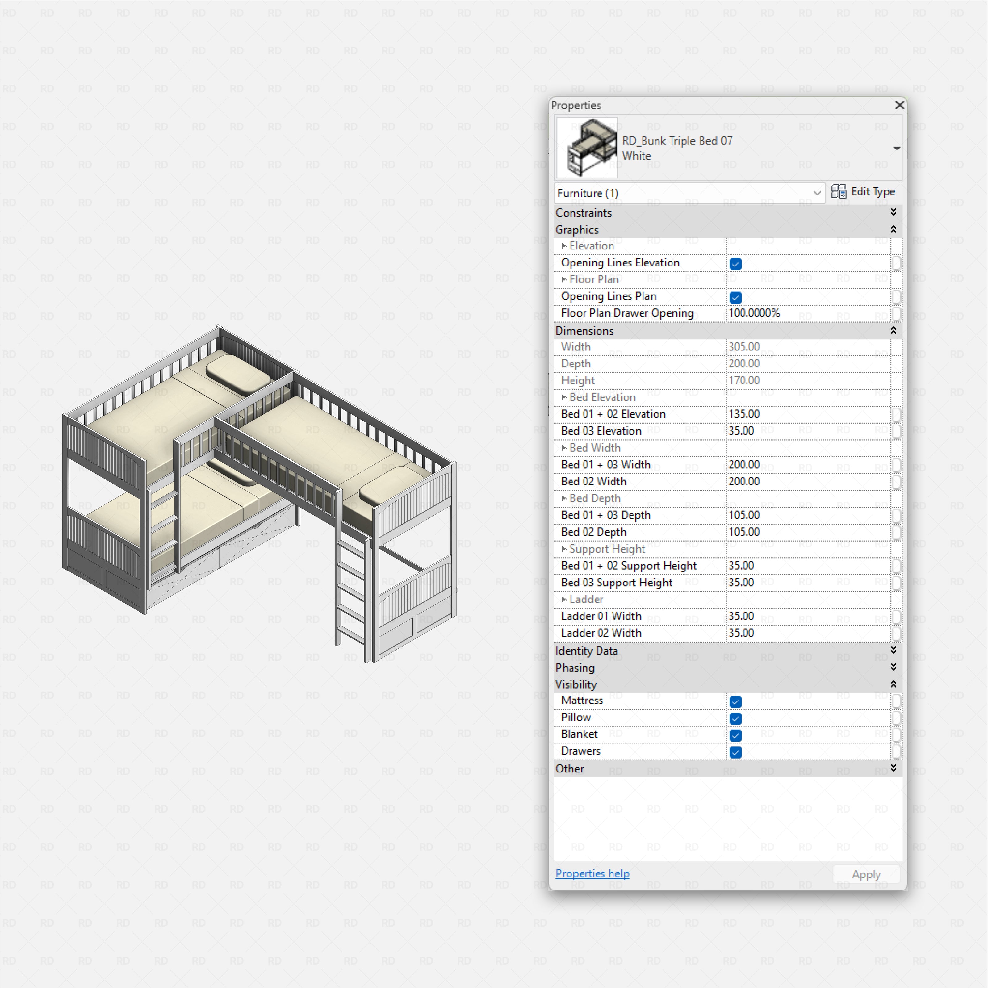 Revit triple bunk bed 01 RD Studio BIM blocks rfa, wooden triple stack with side ladders
