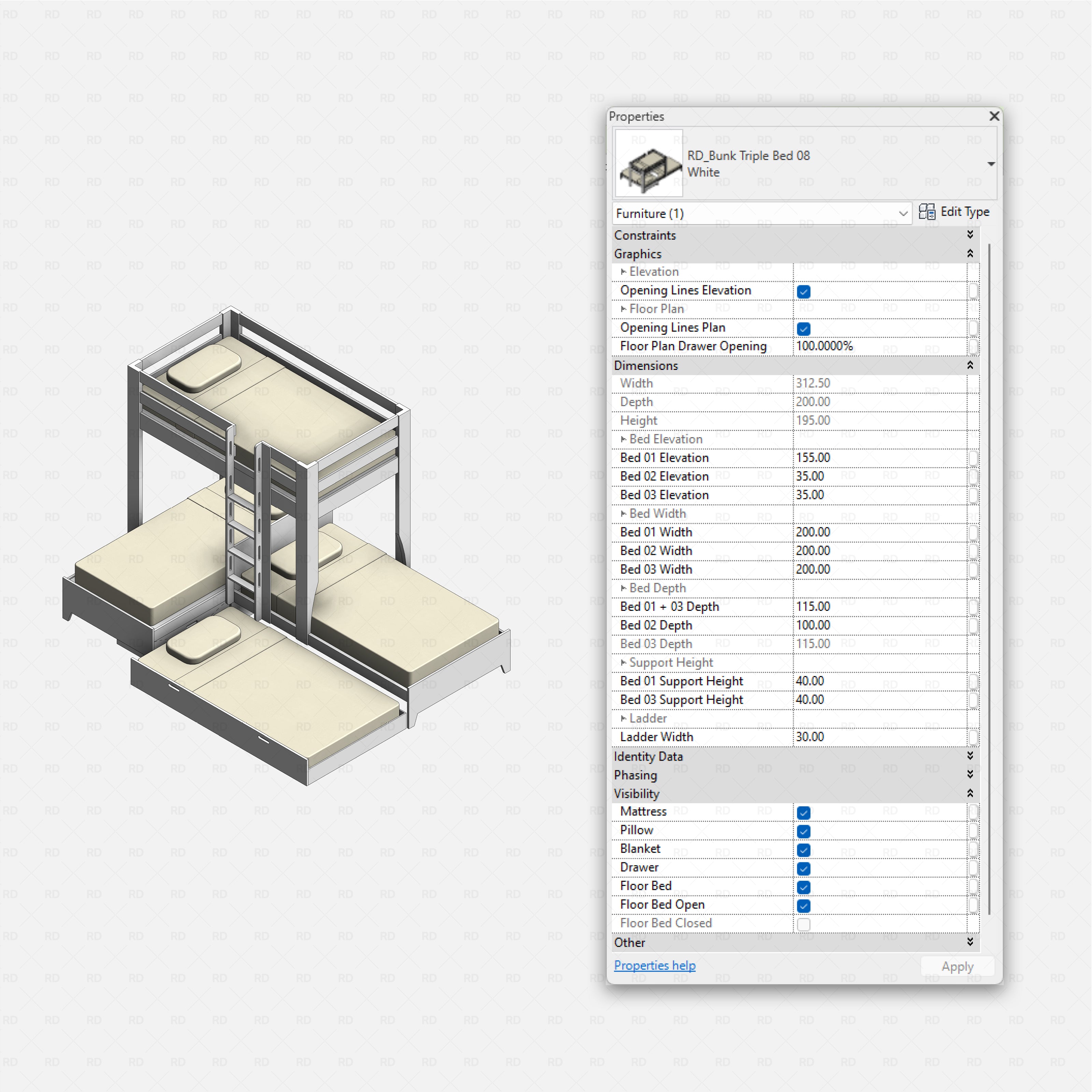 Revit triple bunk bed 01 RD Studio BIM blocks rfa, L-shaped triple bunk with corner bridge and dual ladders