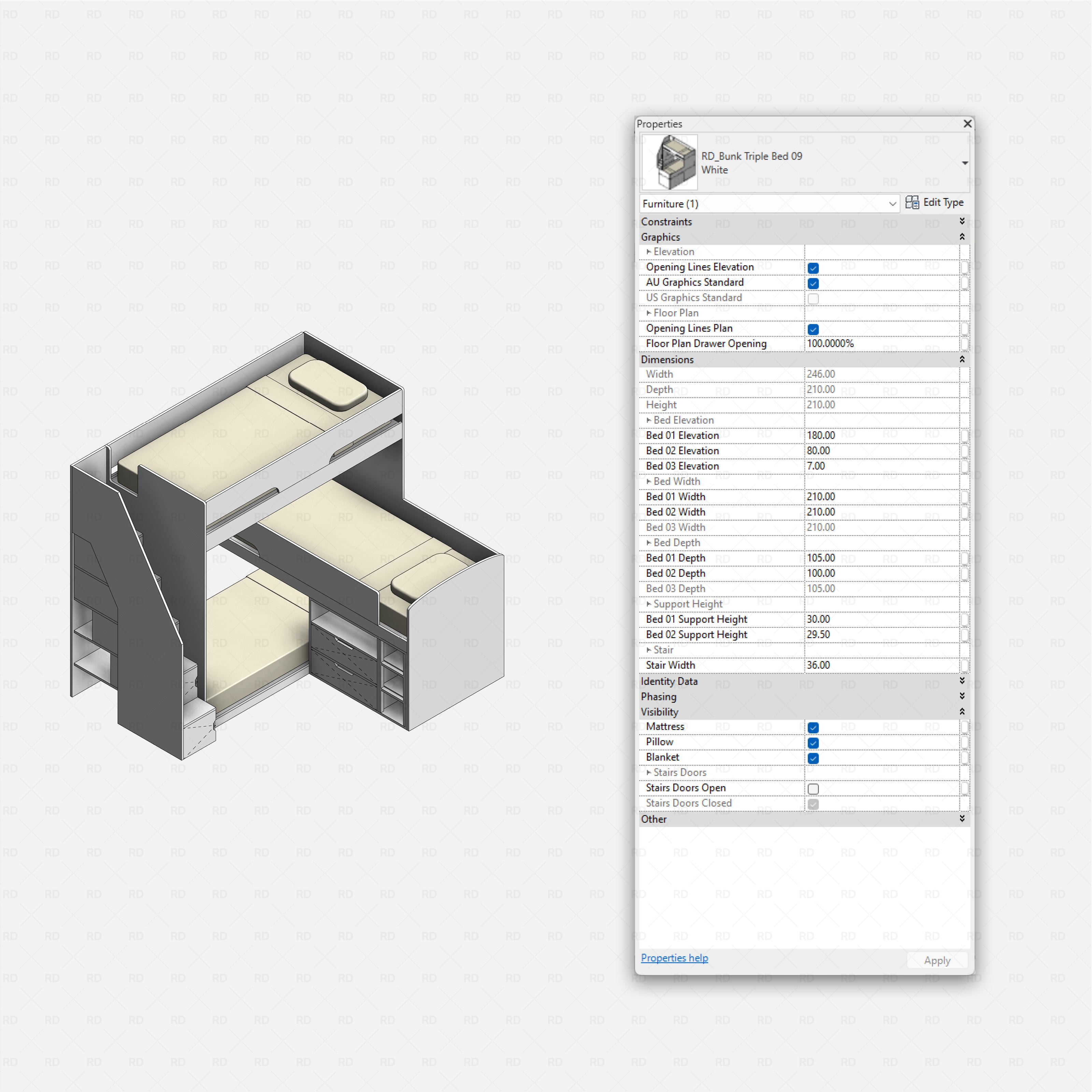 Revit triple bunk bed 02 RD Studio BIM blocks rfa, four styles, L-shape, pod, metal desk, wood with pull-outs.