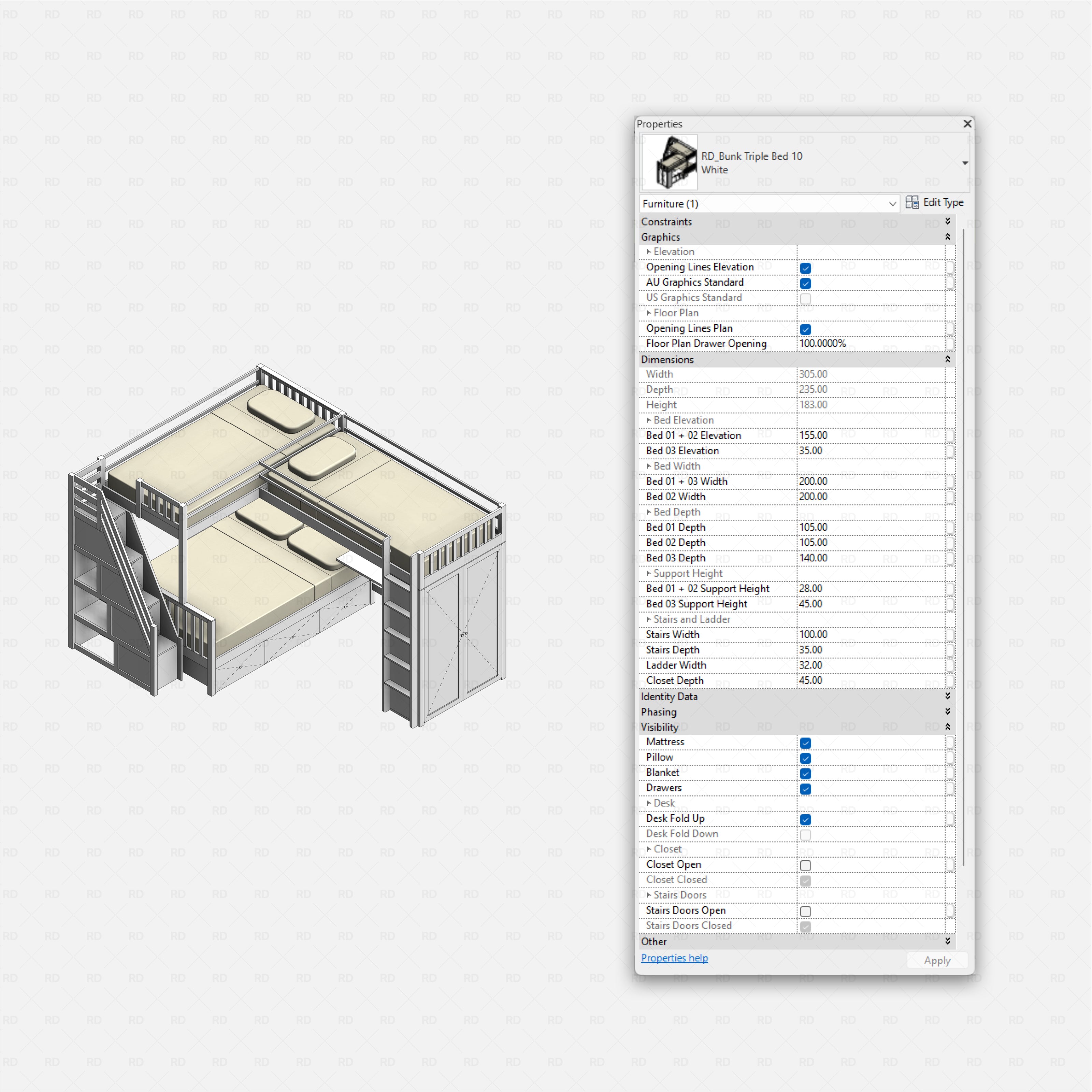 Revit triple bunk bed 02 RD Studio BIM blocks rfa, pod style triple bunk with stairs and storage drawers.