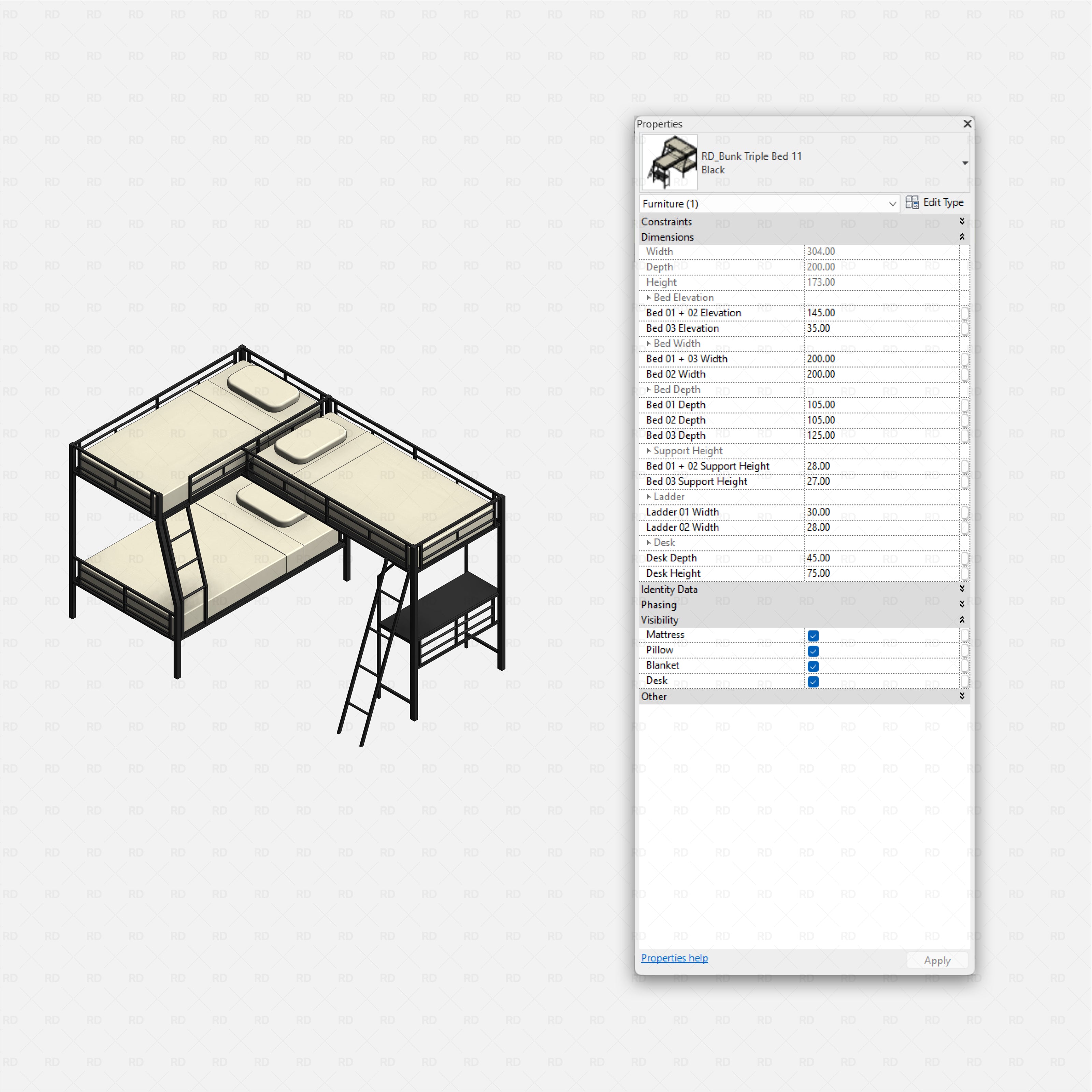 Revit triple bunk bed 02 RD Studio BIM blocks rfa, L-shaped triple bunk with stairs, closet and barn doors.