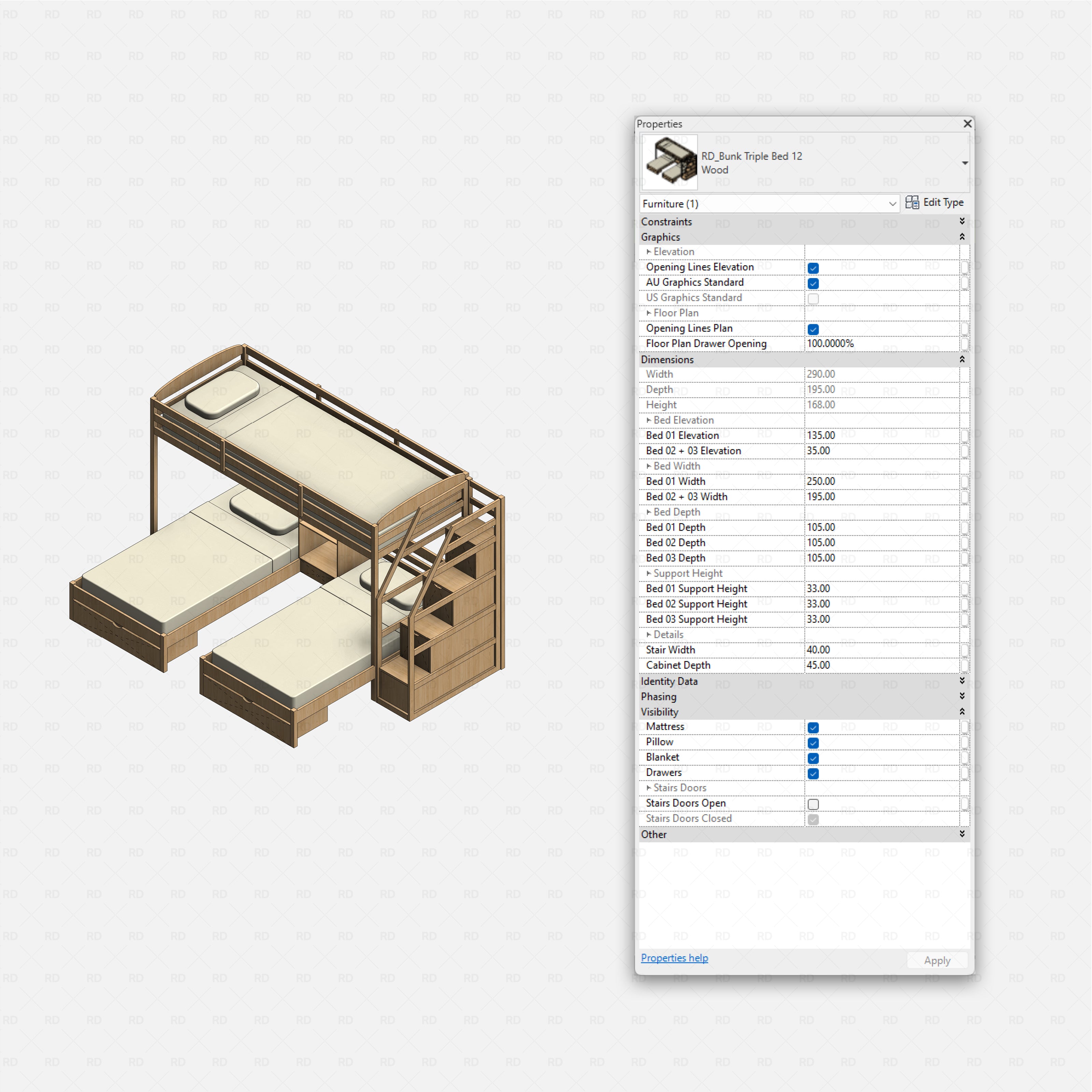 Revit triple bunk bed 02 RD Studio BIM blocks rfa, metal L-shape triple bunk with integrated study desk.