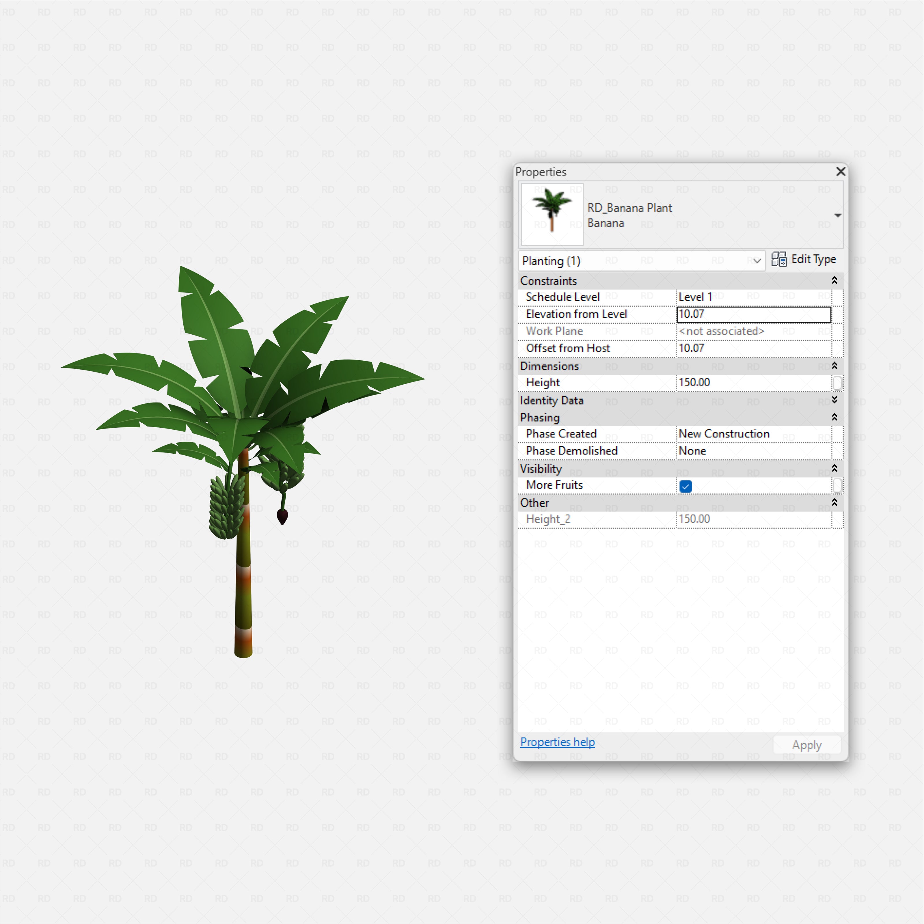 Revit Greenhouse Plants - Vines Shrubs and Trees Pack RD Studio BIM blocks rfa tall banana plant with hanging fruit bunches