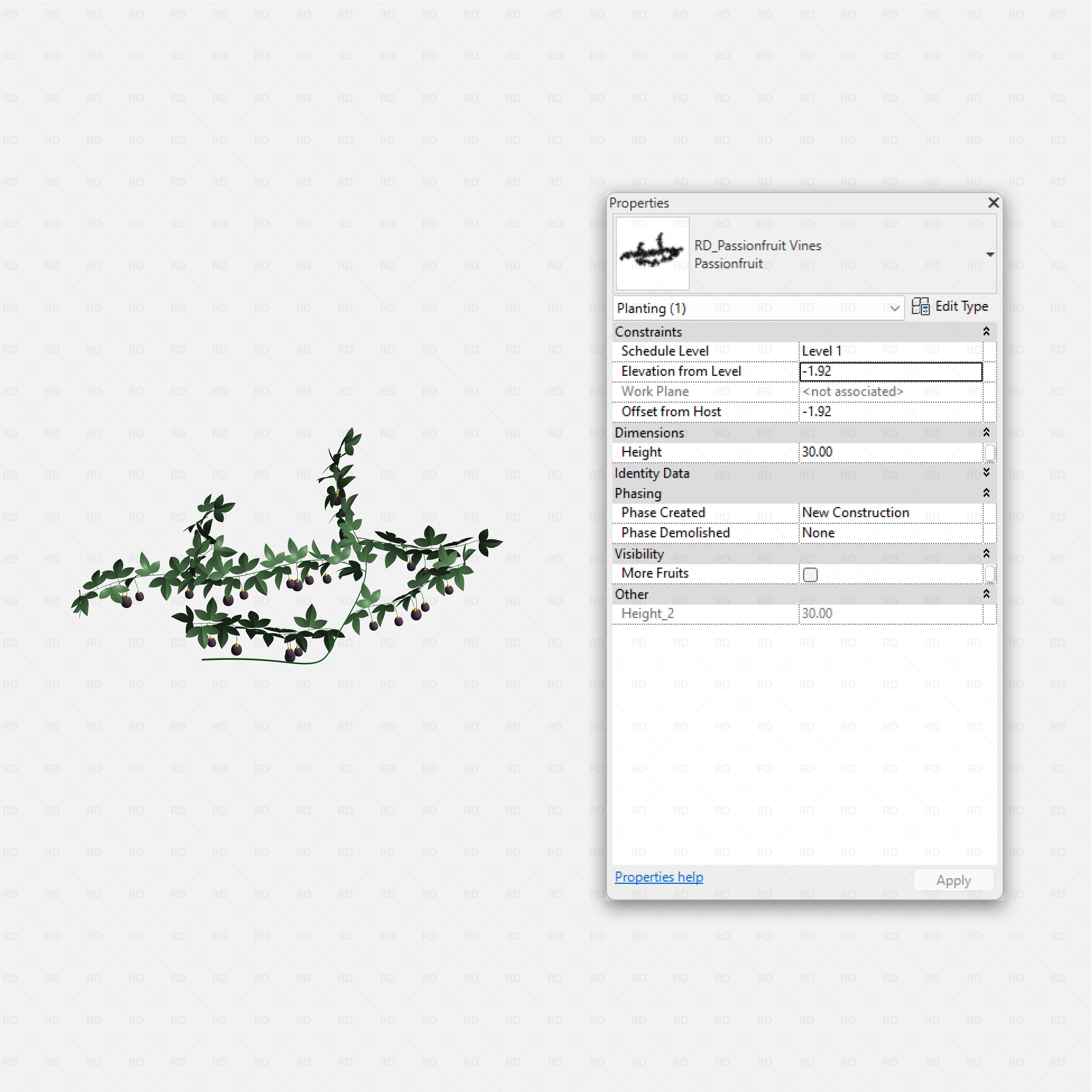 Revit Greenhouse Plants - Vines Shrubs and Trees Pack RD Studio BIM blocks rfa passionfruit vines with hanging ripe fruit