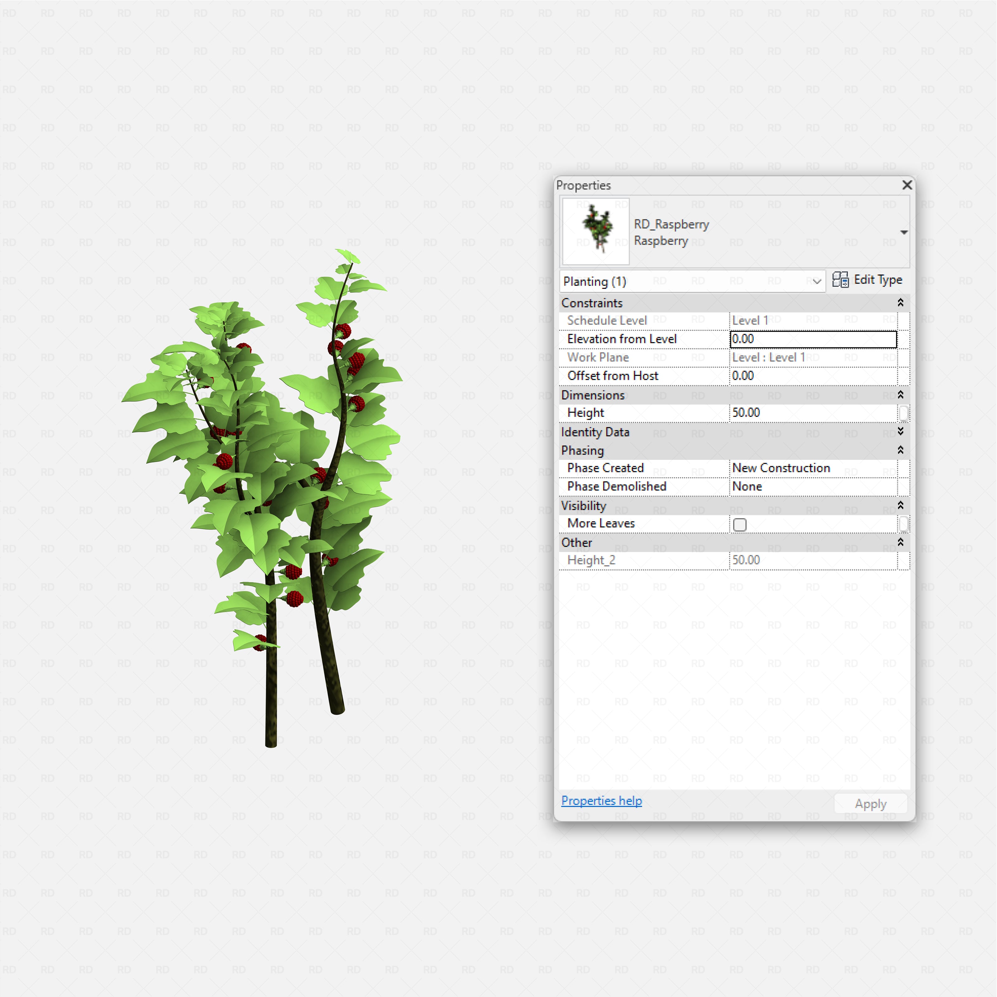 Revit Greenhouse Plants - Vines Shrubs and Trees Pack RD Studio BIM blocks rfa raspberry shrubs with ripe red berries