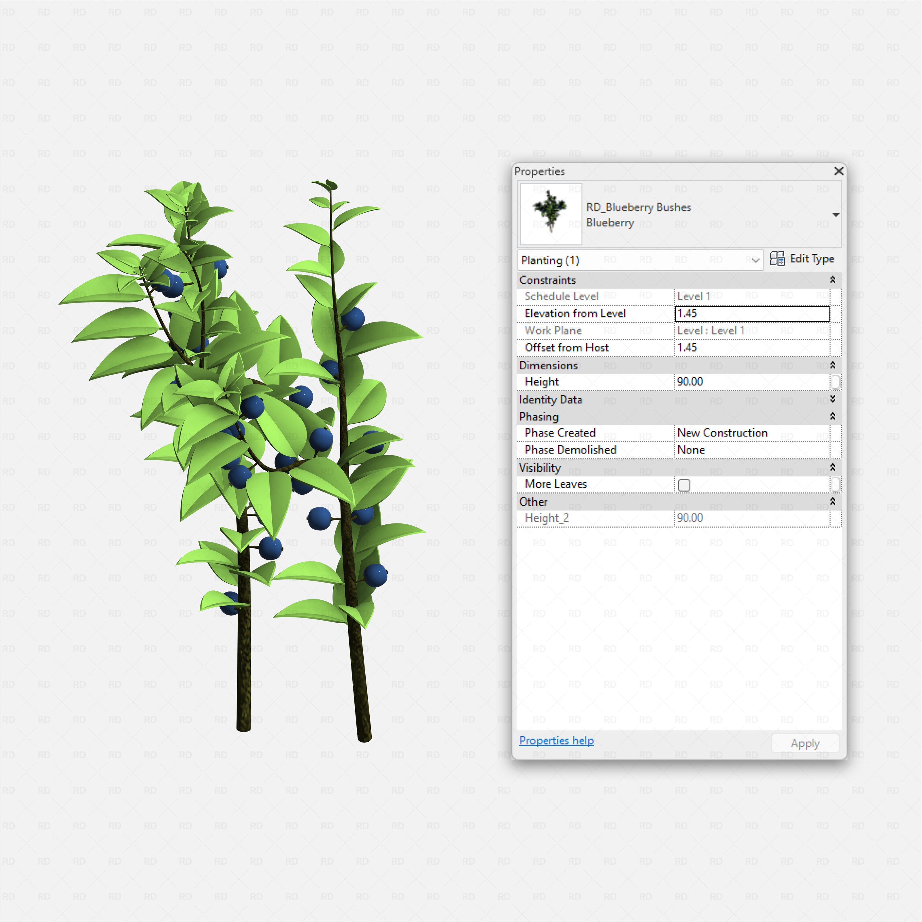Revit Greenhouse Plants - Vines Shrubs and Trees Pack RD Studio BIM blocks rfa blueberry bushes with clusters of fruit