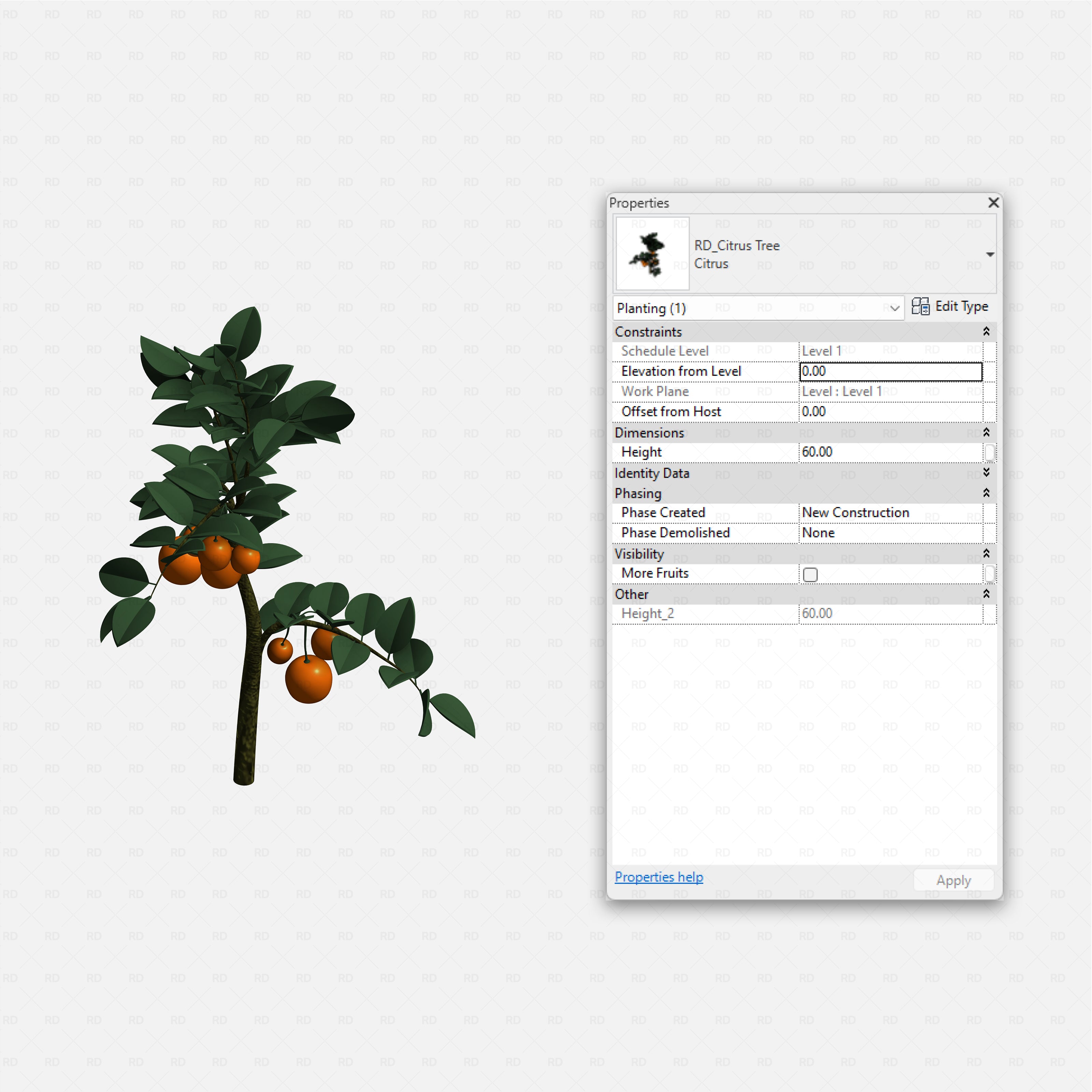 Revit Greenhouse Plants - Vines Shrubs and Trees Pack RD Studio BIM blocks rfa small citrus tree loaded with oranges