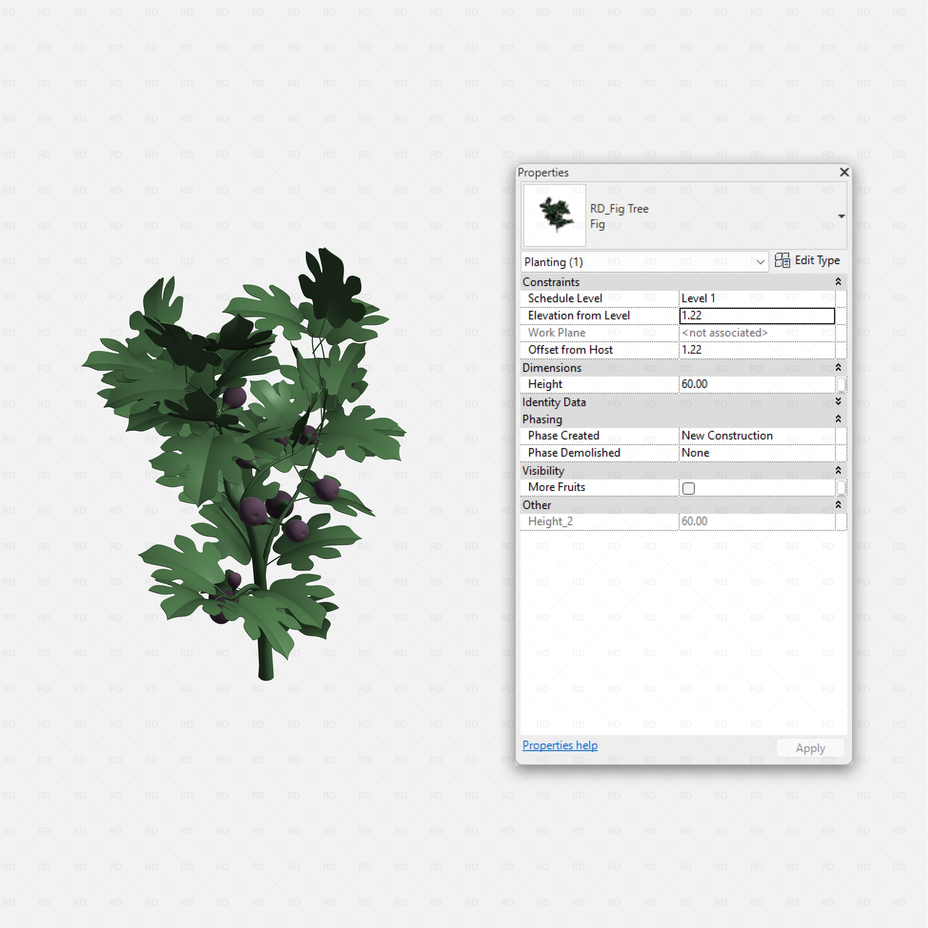 Revit Greenhouse Plants - Vines Shrubs and Trees Pack RD Studio BIM blocks rfa compact fig tree with dark purple fruits