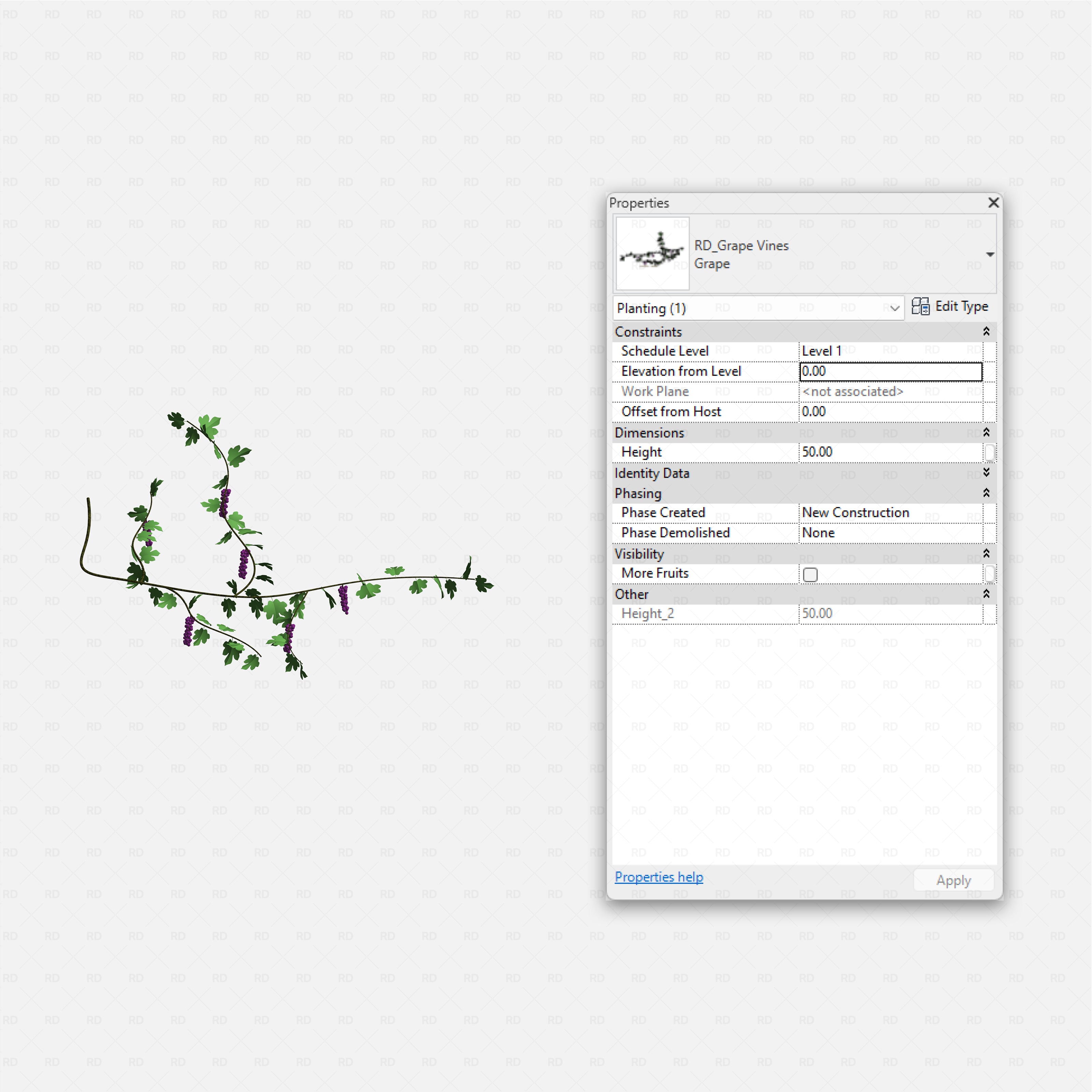 Revit Greenhouse Plants - Vines Shrubs and Trees Pack RD Studio BIM blocks rfa arching grape vines with hanging clusters