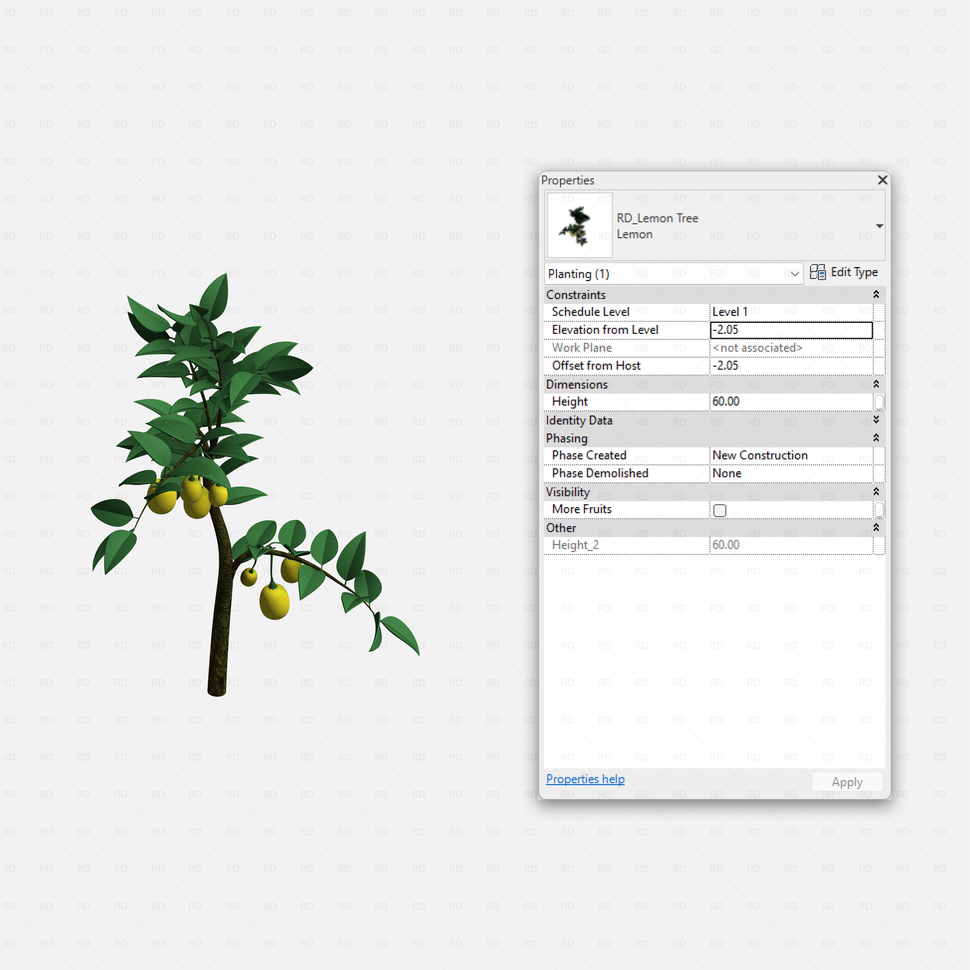 Revit Greenhouse Plants - Vines Shrubs and Trees Pack RD Studio BIM blocks rfa small lemon tree with bright yellow fruits