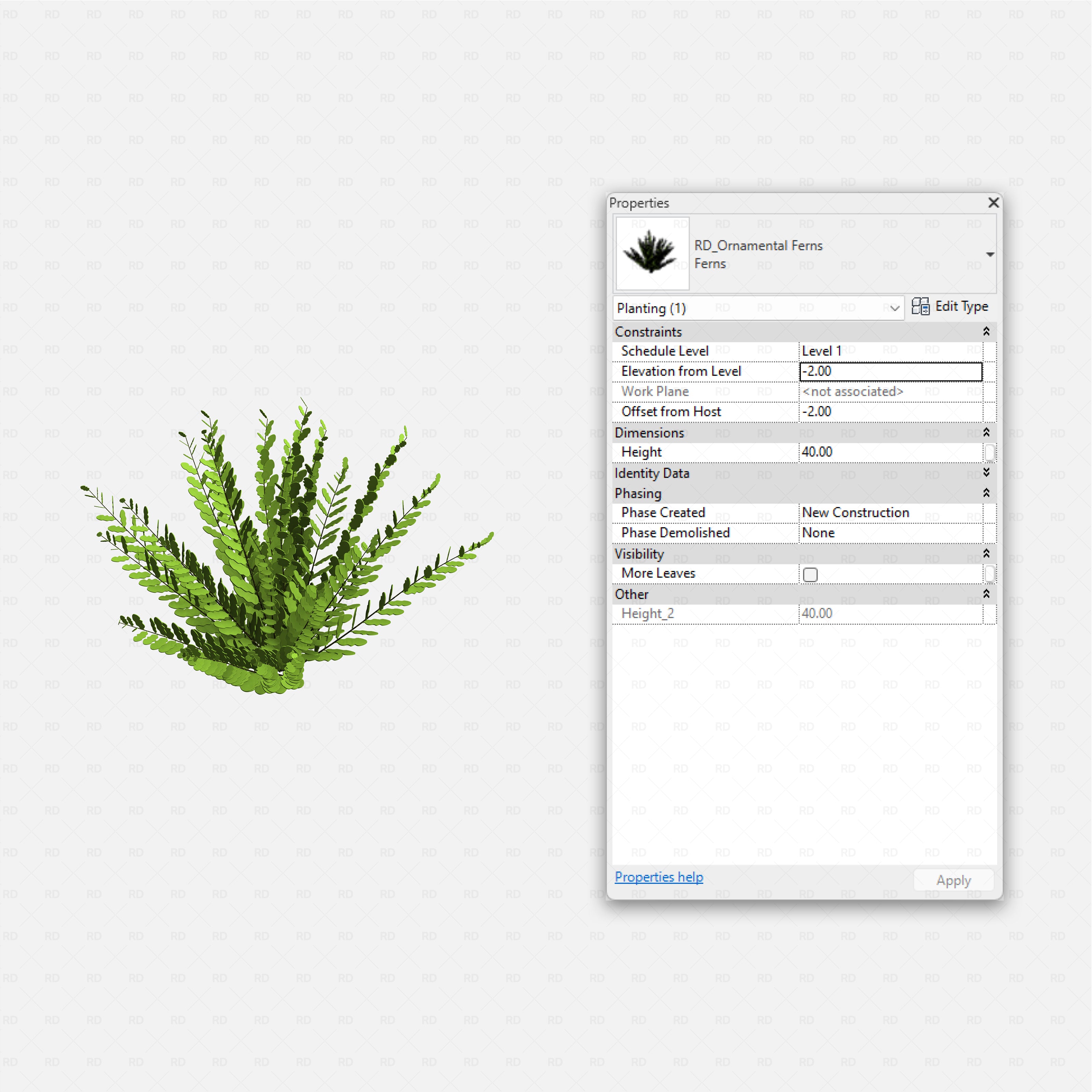 Revit Greenhouse Plants - Vines Shrubs and Trees Pack RD Studio BIM blocks rfa dense ornamental fern clump for greenhouse