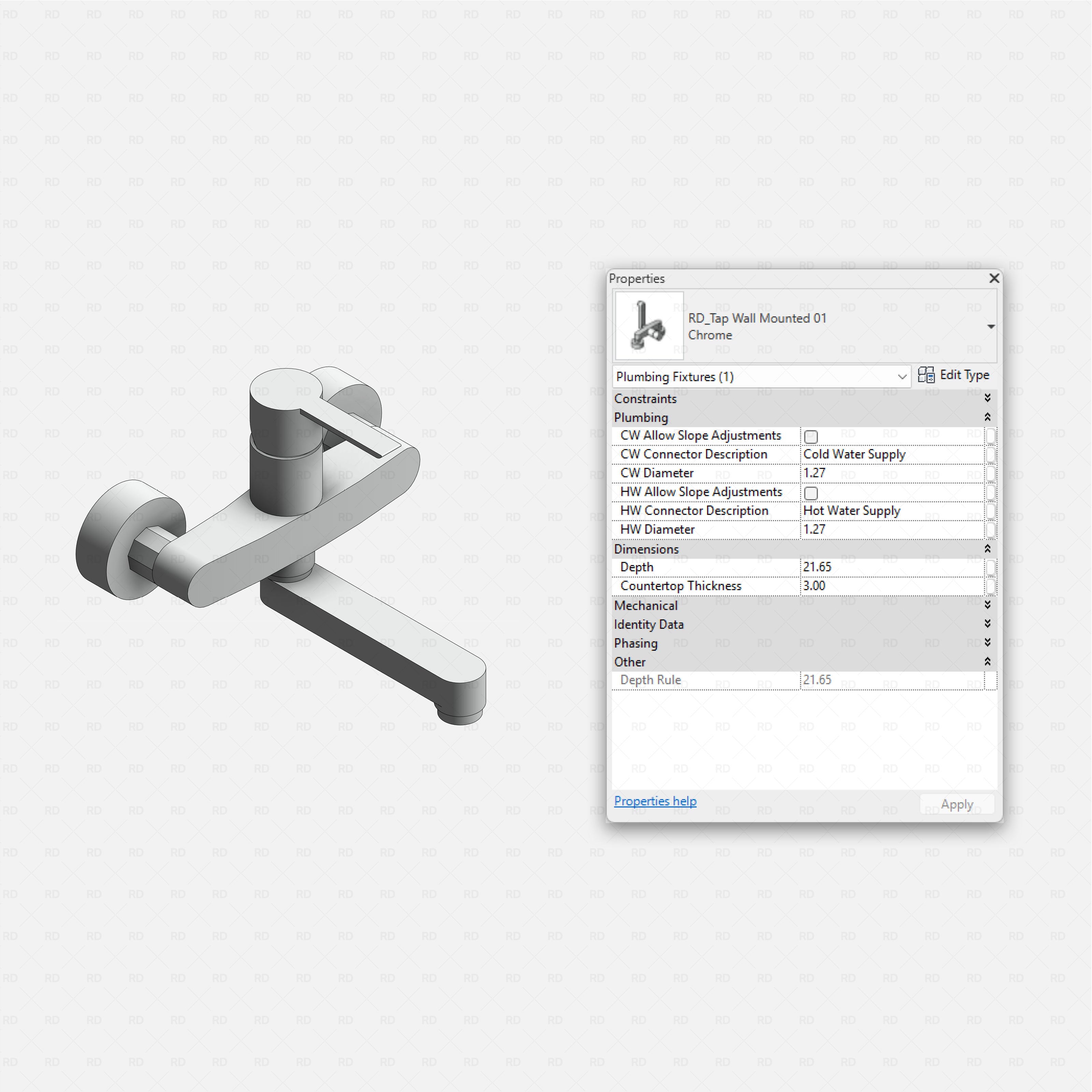 revit wall-mounted taps RD Studio BIM blocks rfa, family 01 single-lever mixer with swivel spout properties