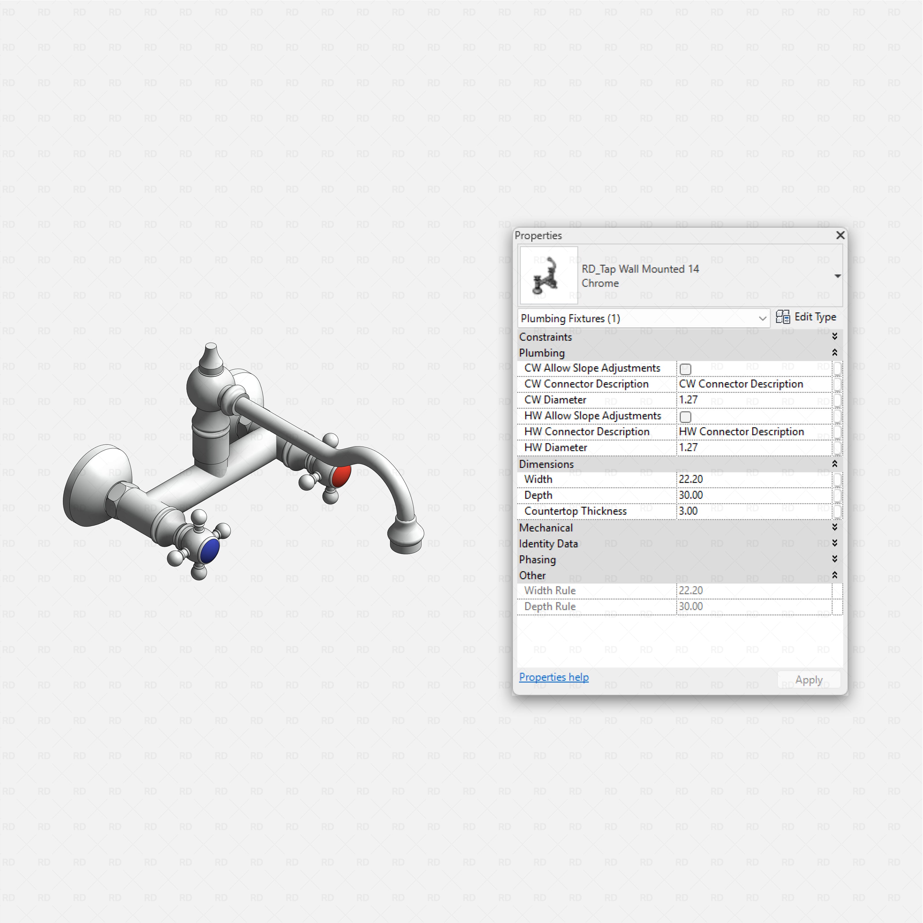 revit wall-mounted taps RD Studio BIM blocks rfa, classic dual-knob wall mixer with hot and cold markers