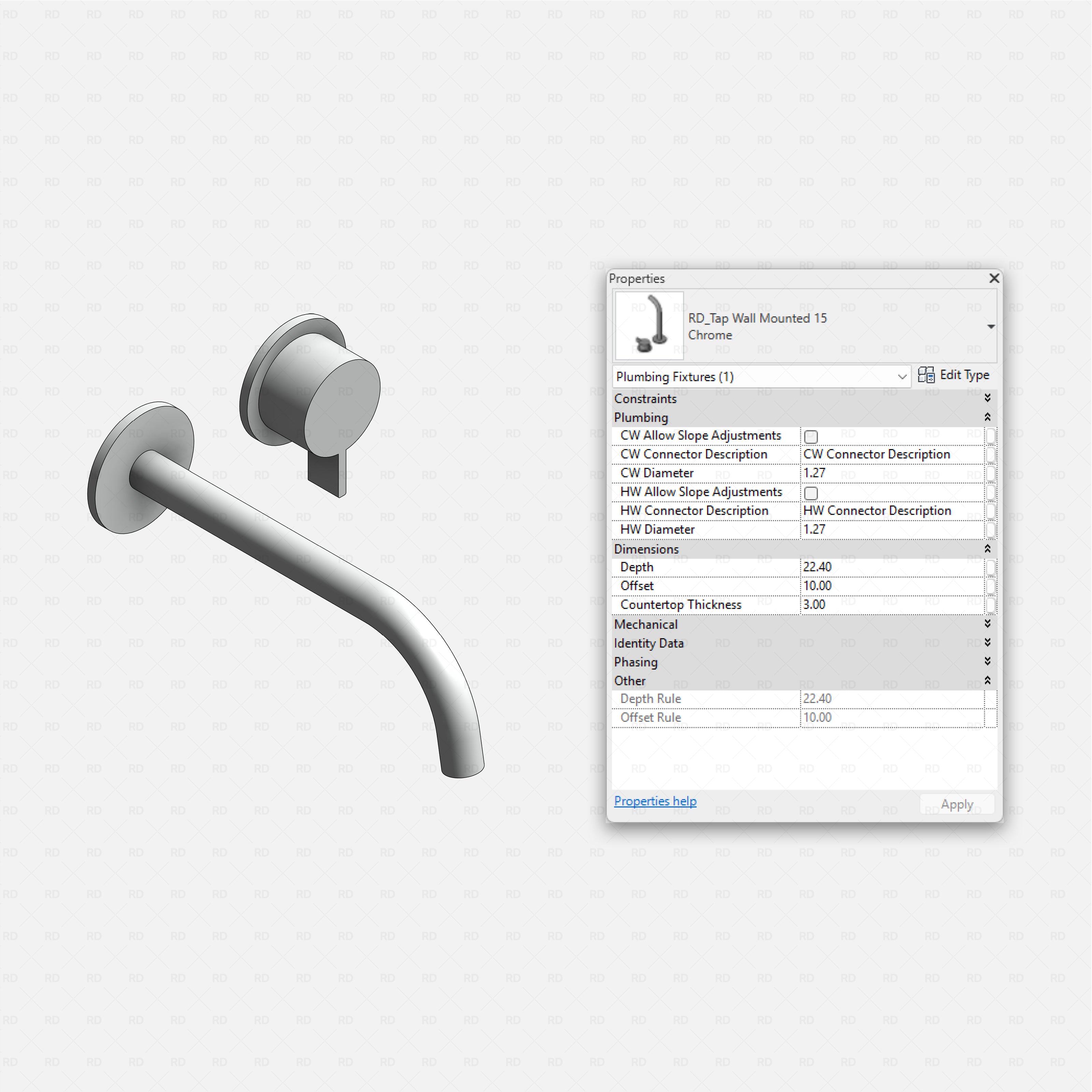 revit wall-mounted taps RD Studio BIM blocks rfa, round rose single-lever mixer with separate wall spout