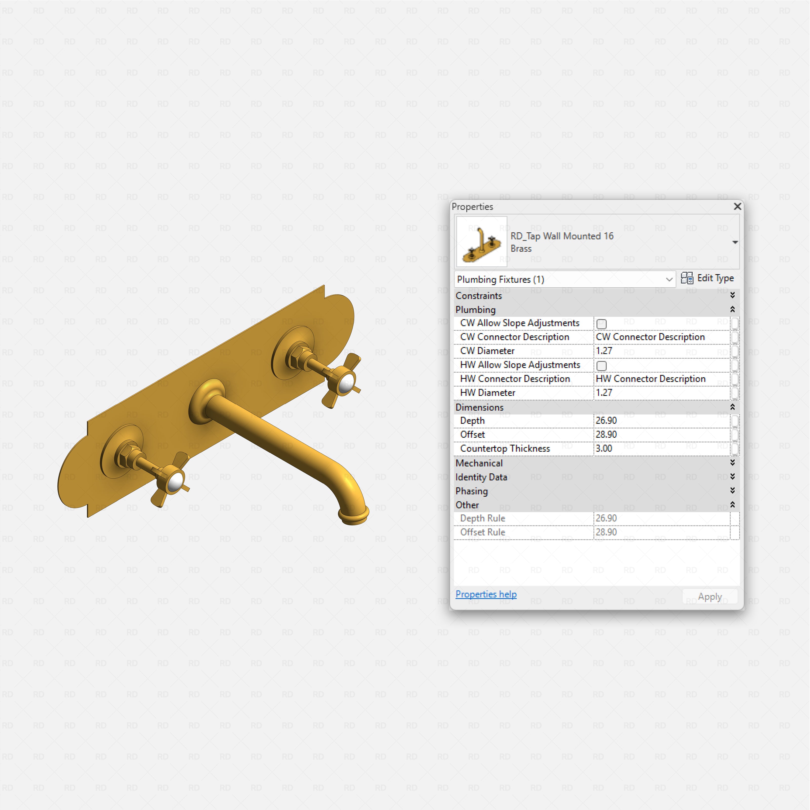 revit wall-mounted taps RD Studio BIM blocks rfa, brass plate-mounted dual valves with central spout