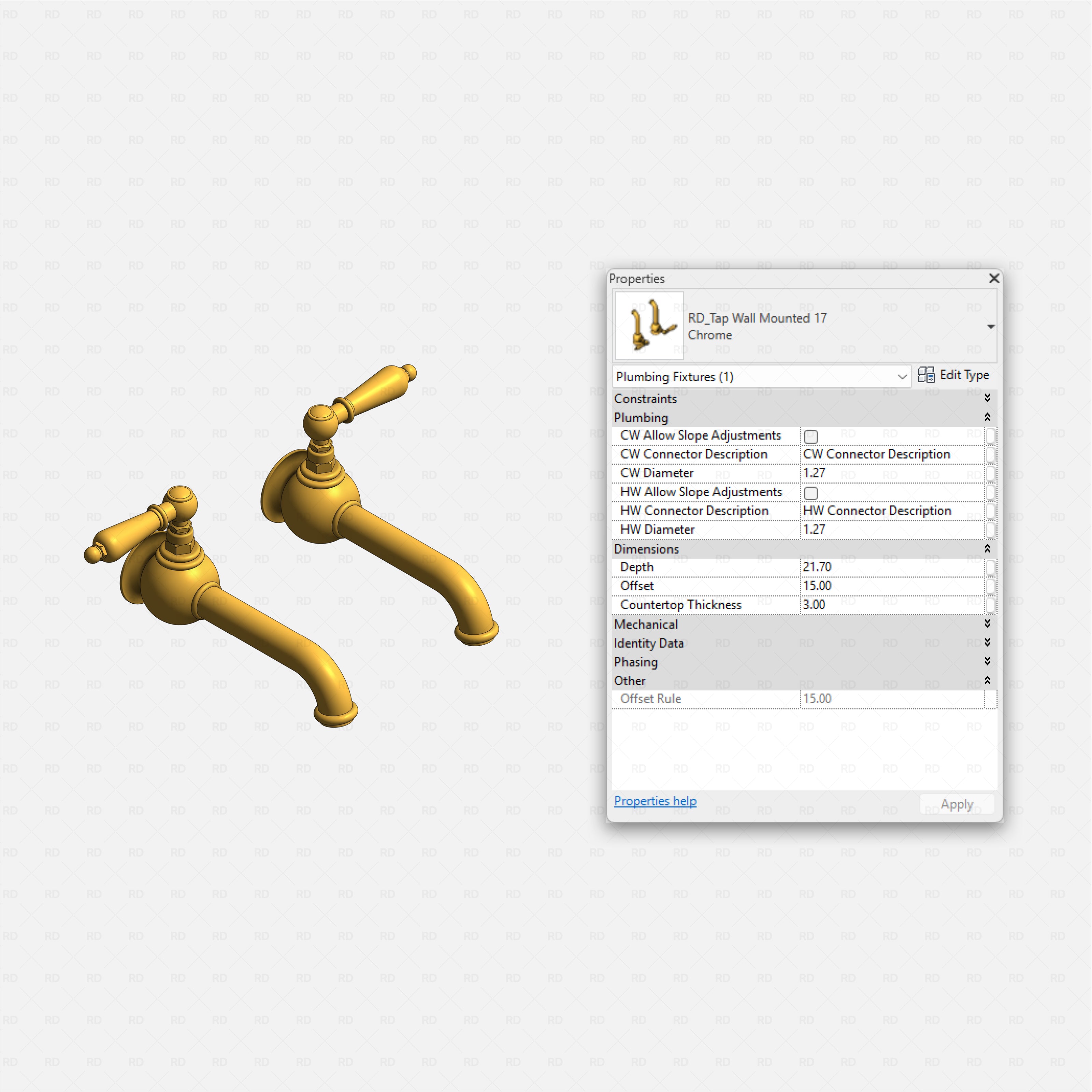 revit wall-mounted taps RD Studio BIM blocks rfa, pair of vintage wall taps with lever handles and curved spouts