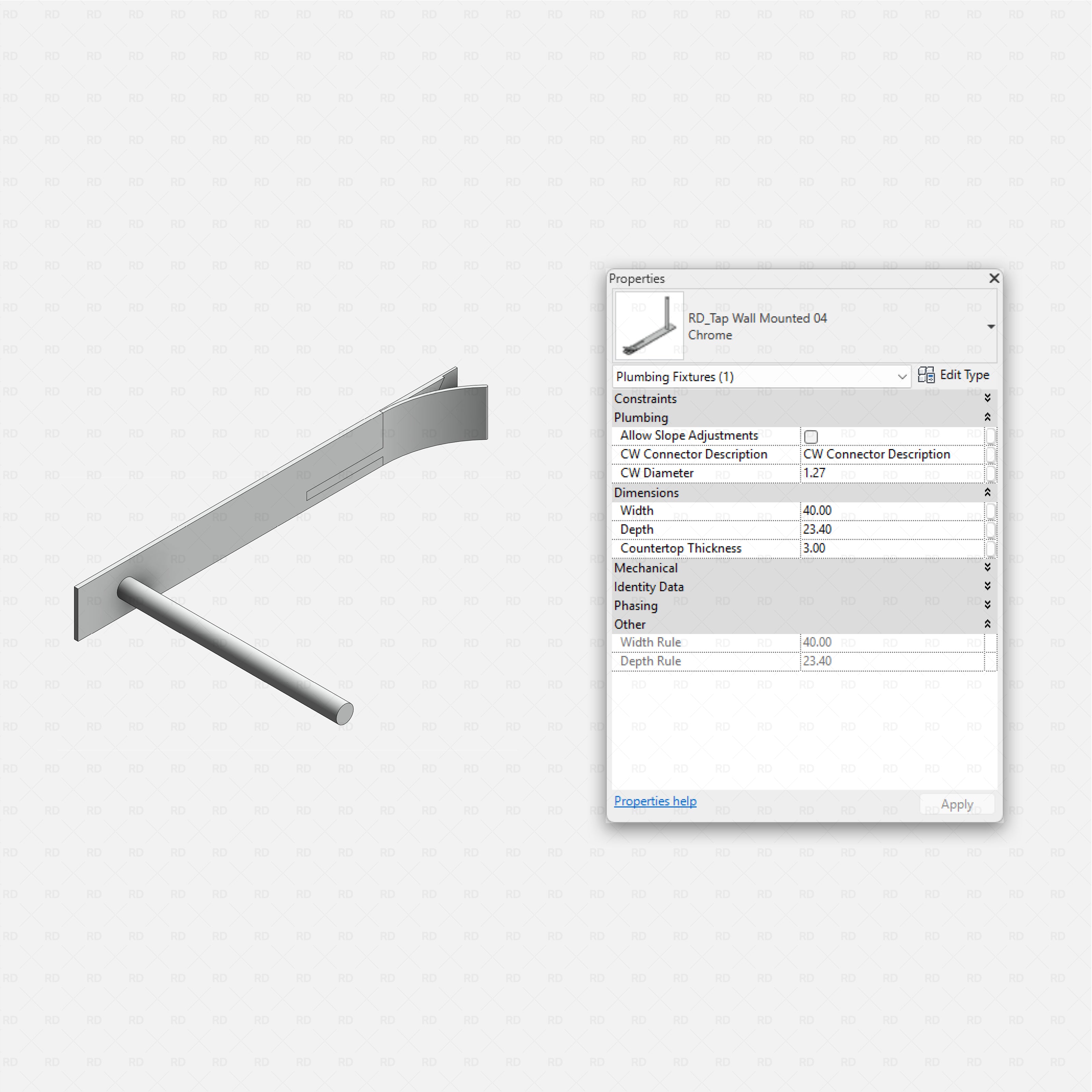 revit wall-mounted taps RD Studio BIM blocks rfa, concrete floor showroom with three rows of tap displays