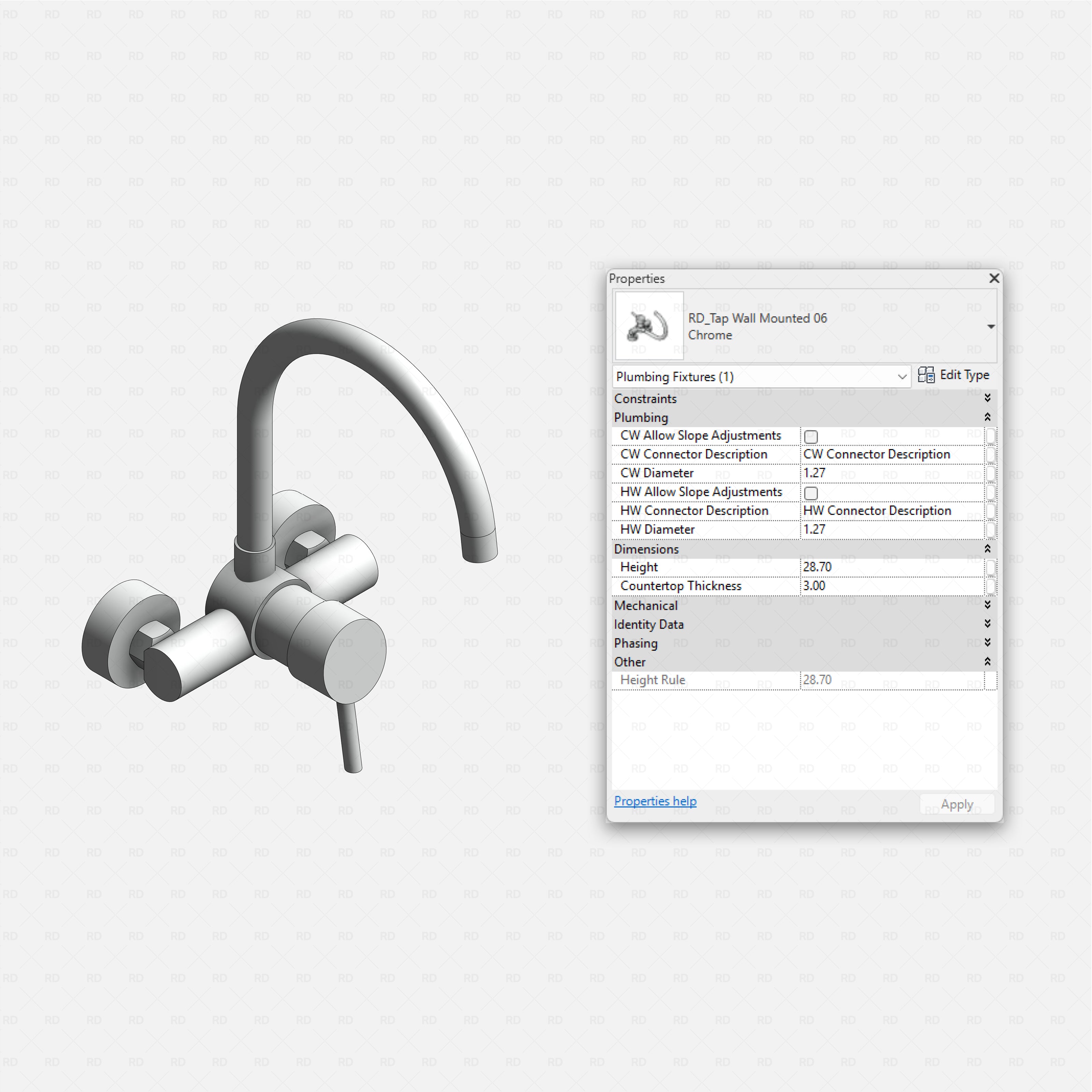 revit wall-mounted taps RD Studio BIM blocks rfa, chrome single-lever wall mixer family with parameters panel