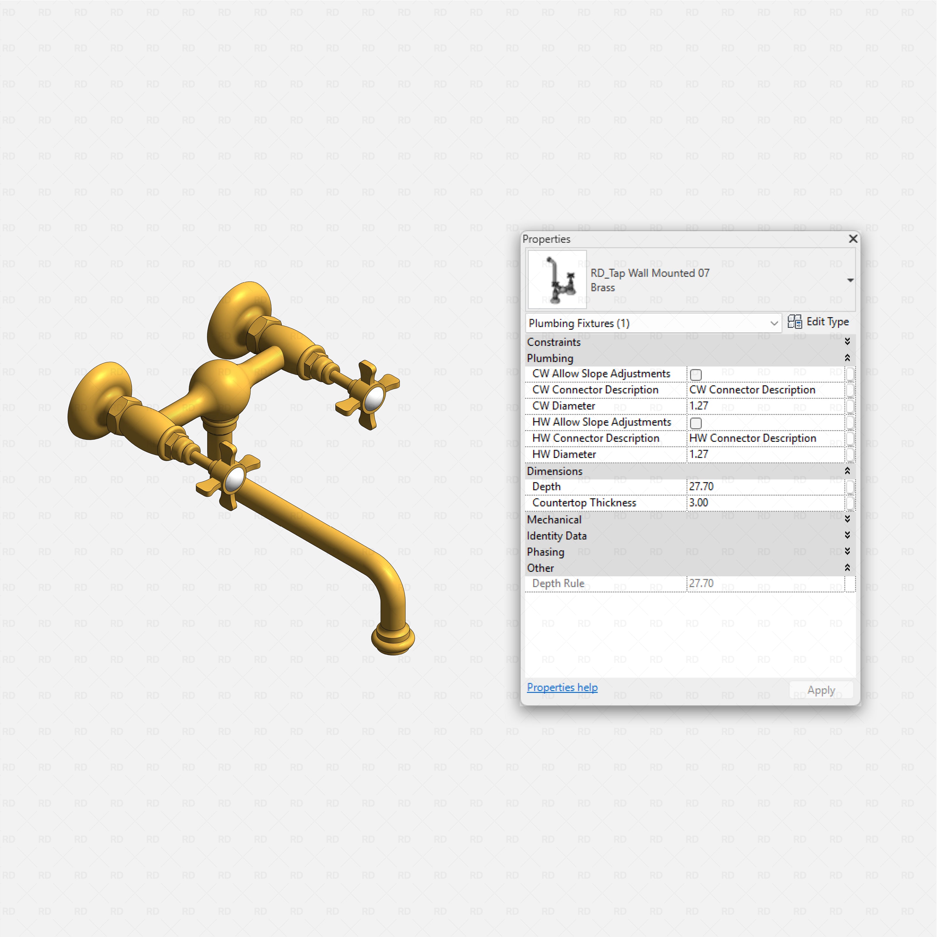 revit wall-mounted taps RD Studio BIM blocks rfa, brass vintage cross-handle wall mixer with curved spout