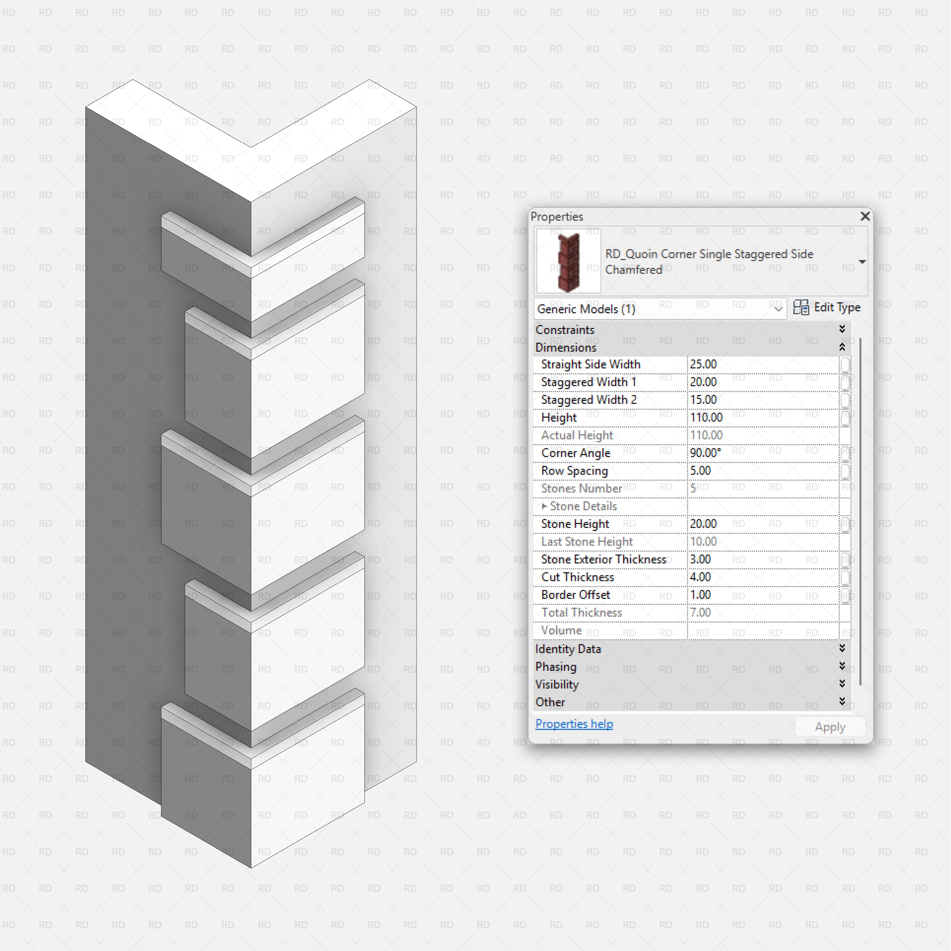 revit wall quoins RD Studio BIM blocks rfa Single-Side Staggered Chamfered Corner Quoins With Editable Widths, Heights, Spacing