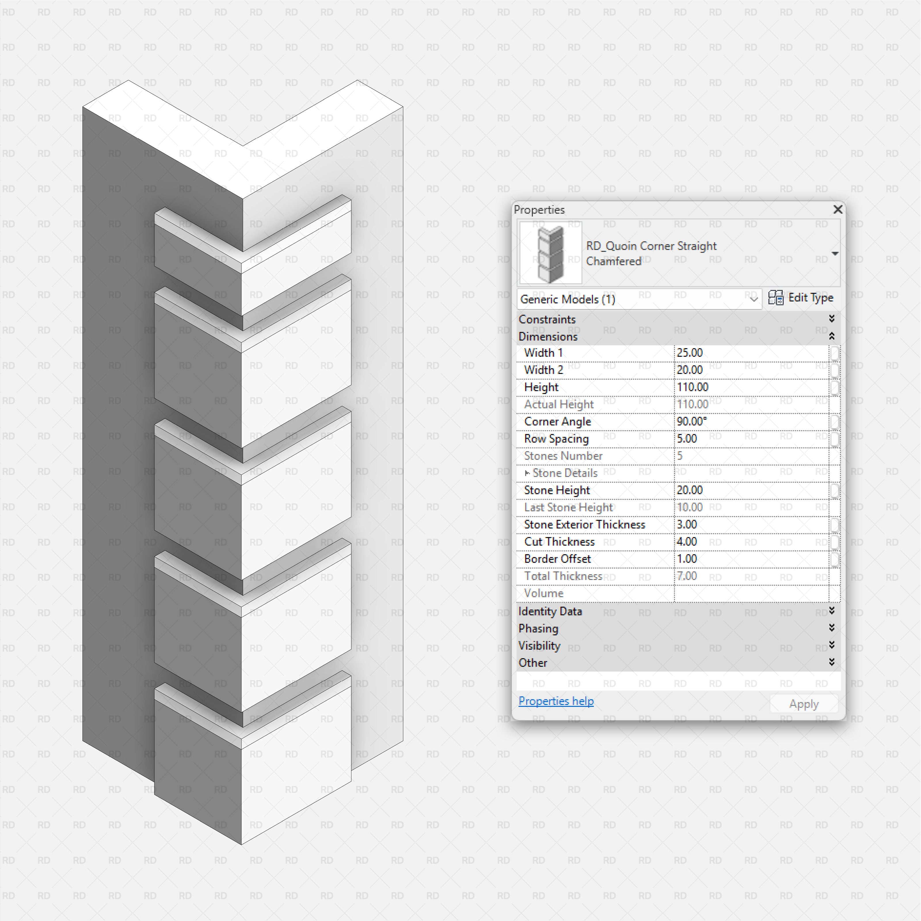 revit wall quoins RD Studio BIM blocks rfa Straight Chamfered Corner Quoins With Width 1/2 Controls And Row Spacing Parameters