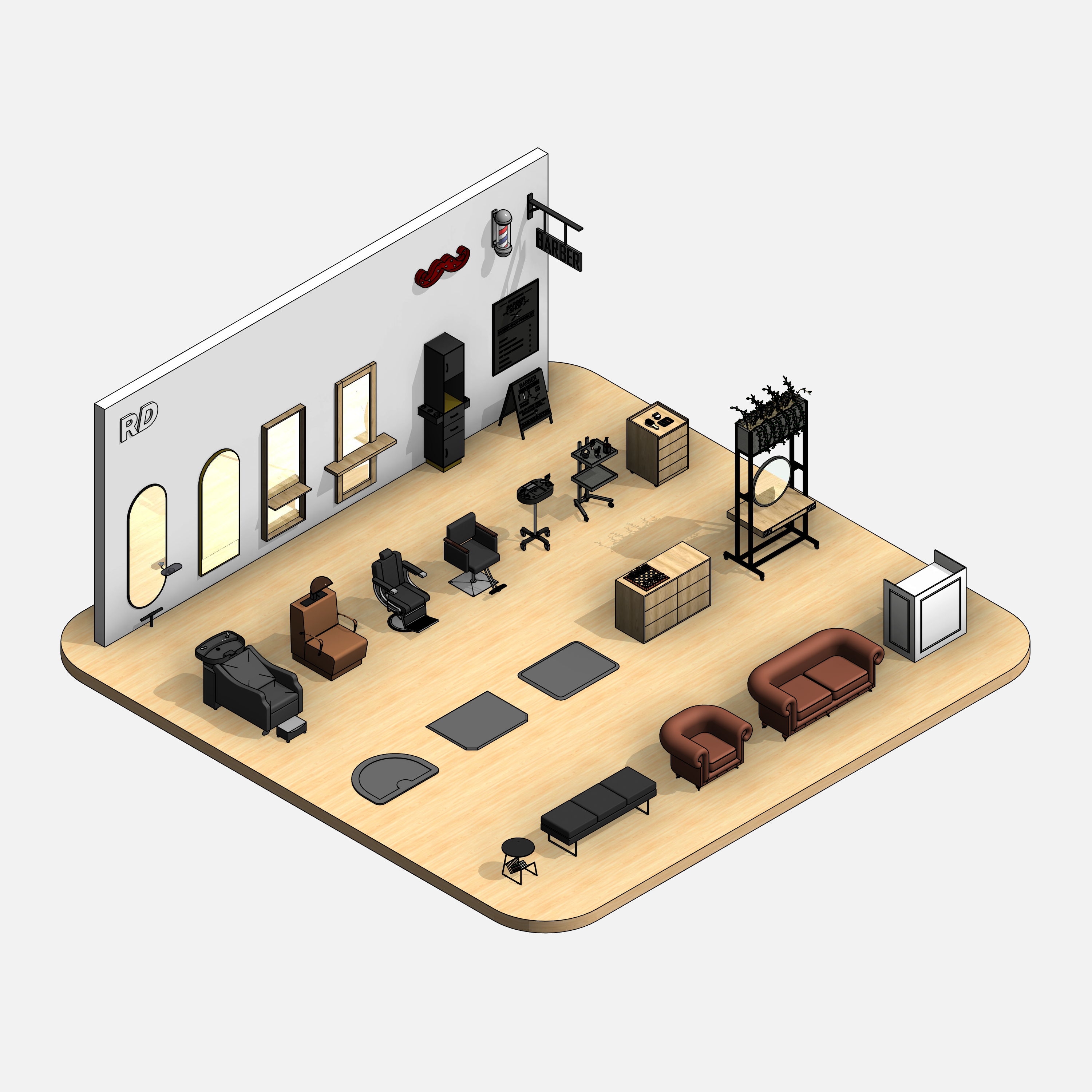Revit barbershop Pack RD Studio BIM blocks rfa 3d realistic barbershop objects in isometric view