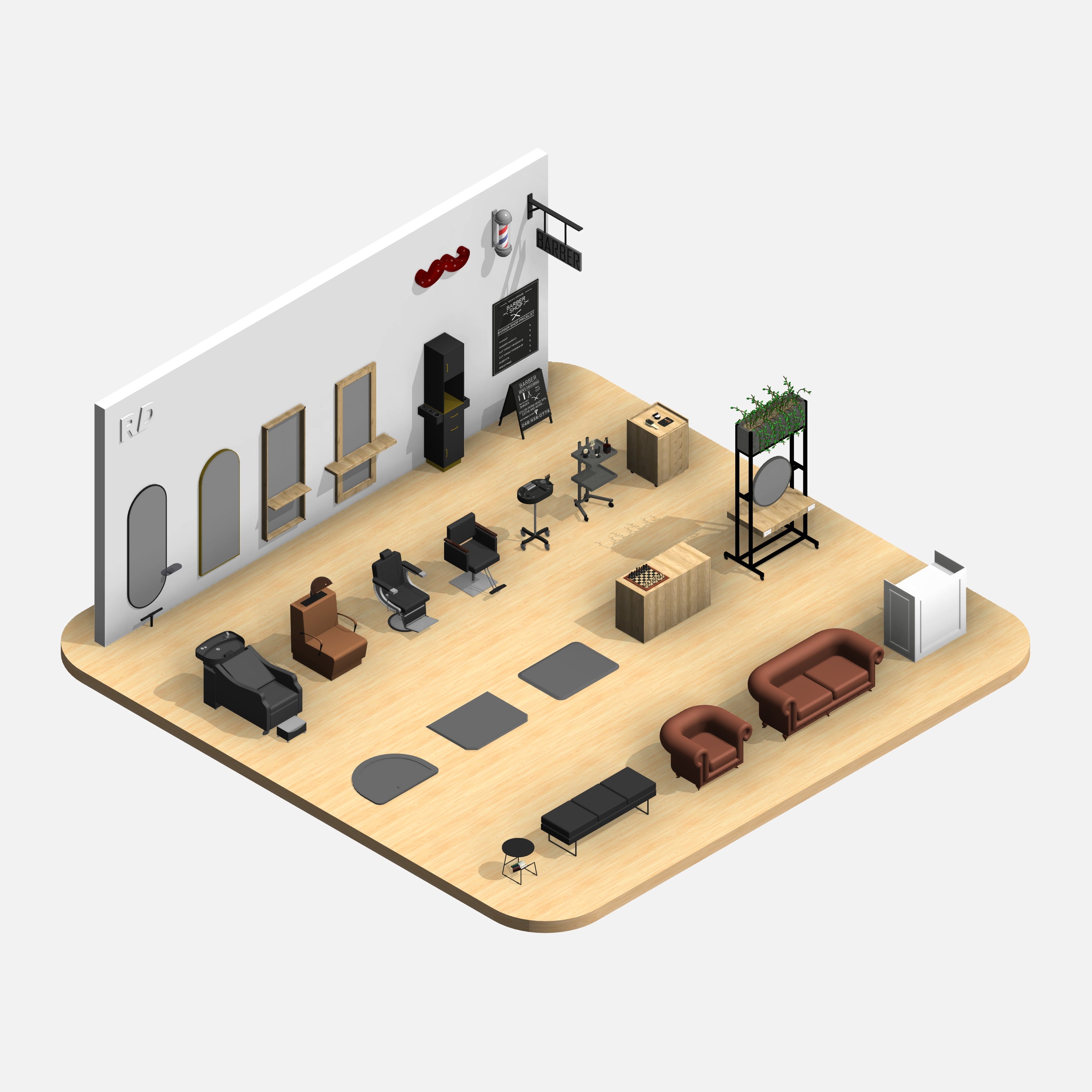 Revit barbershop Pack RD Studio BIM blocks rfa 3d realistic barbershop objects in isometric view