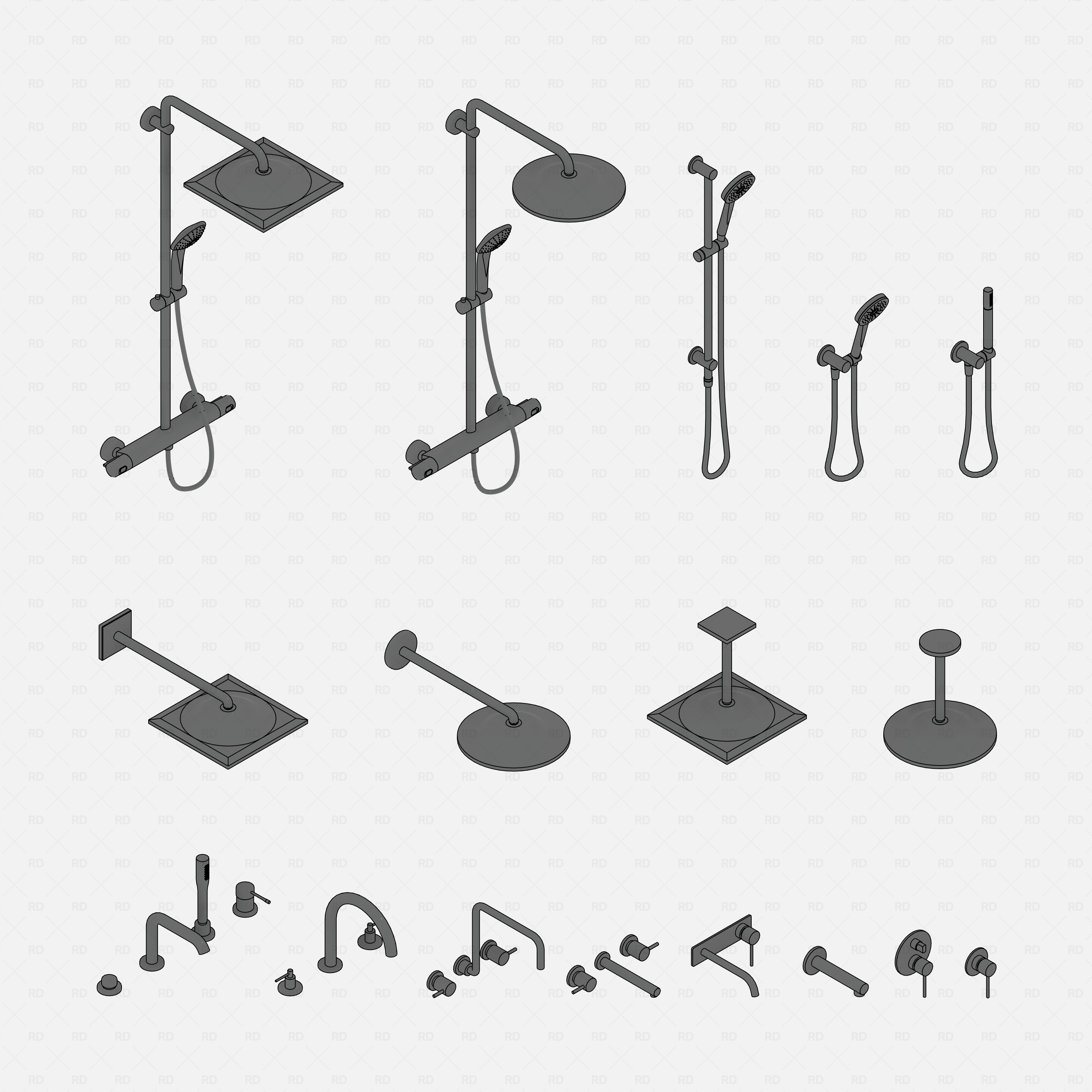 Revit bath kits Pack RD Studio BIM blocks rfa realistic bath kit fixtures in isometric view