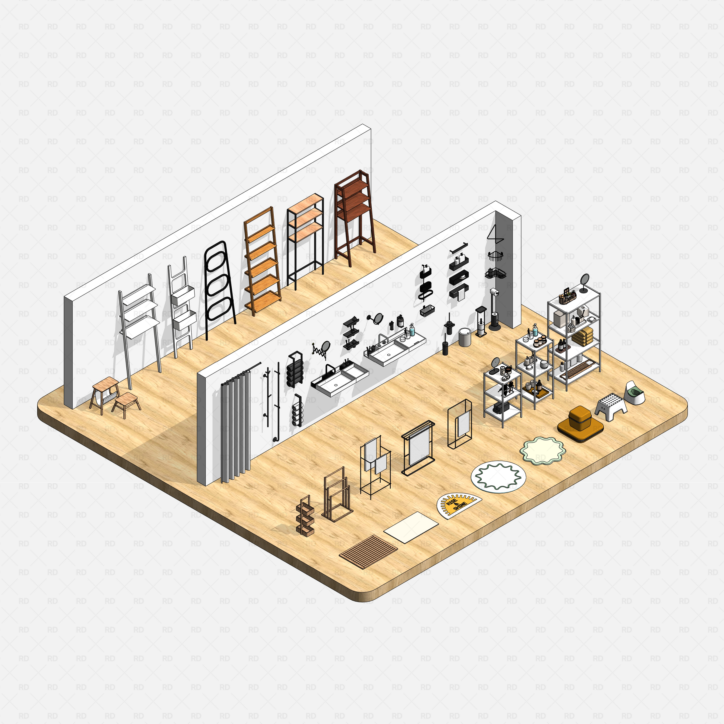 Revit bathroom furniture accessories families RD Studio BIM blocks RFA – isometric overview of shelves, ladders, vanities, sinks 