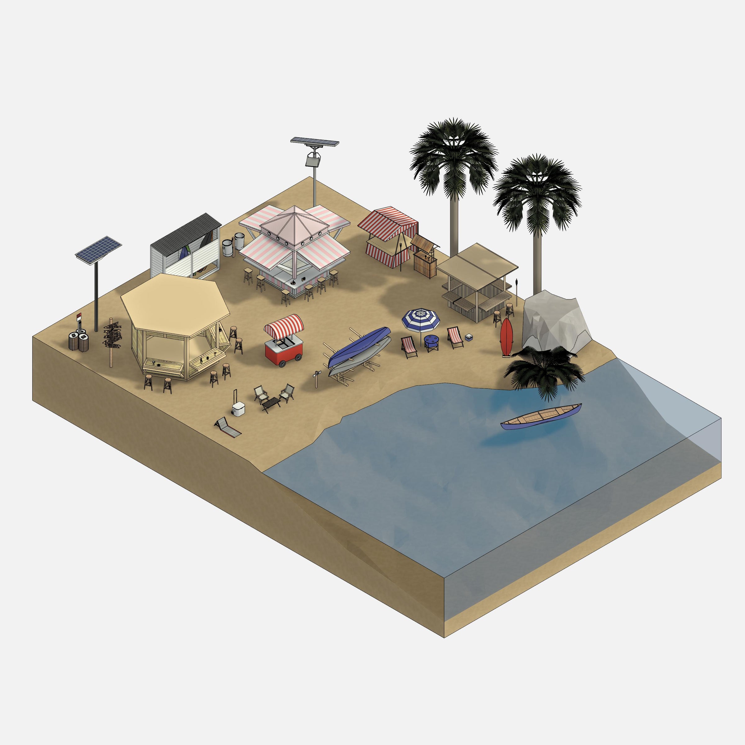 revit beach area specialty equipment and furniture bim object beach area layout wth canoe, surfboards, and kiosks