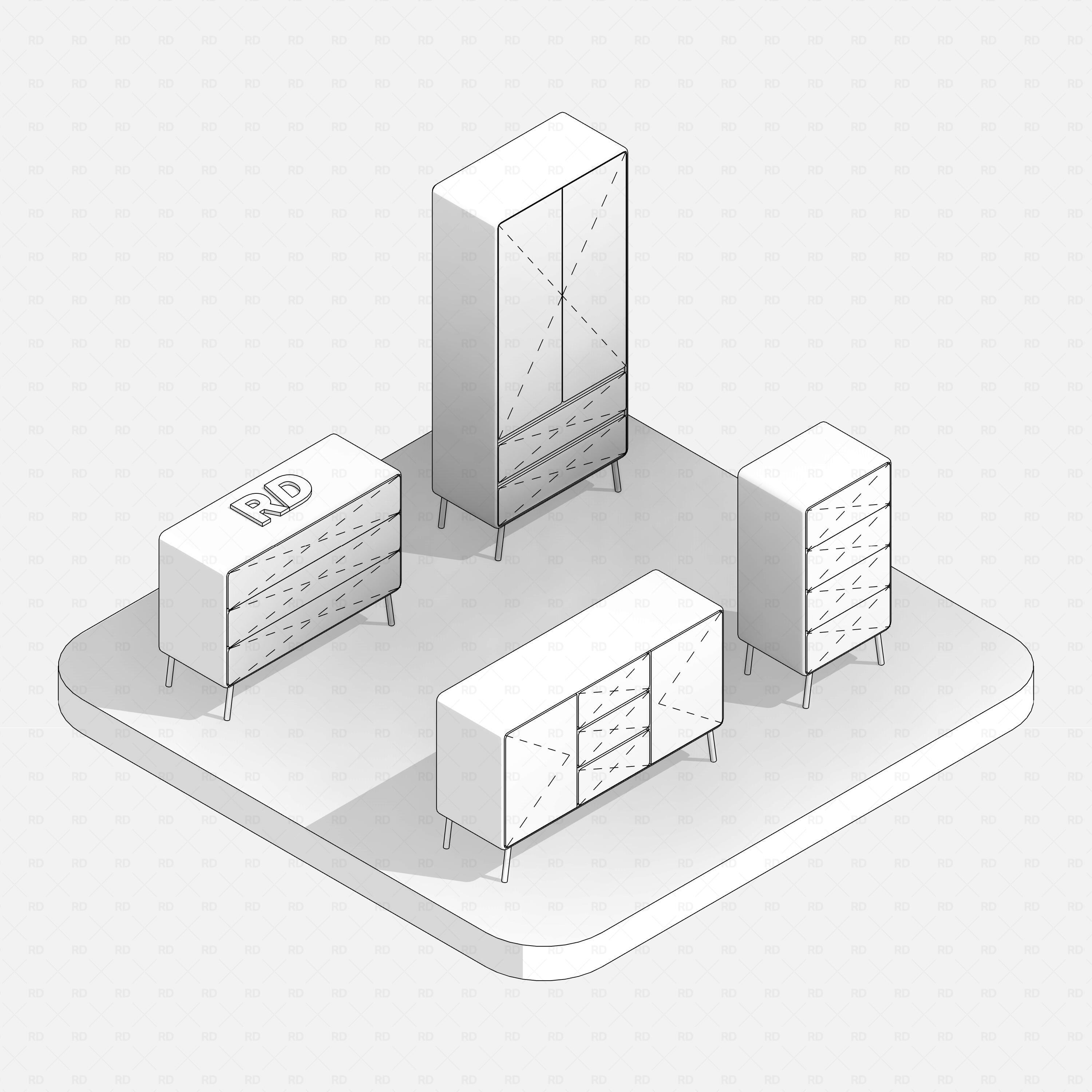 Revit Bedroom Set 01 Pack RD Studio BIM blocks rfa bedroom storage set in hidden line view on light base platform