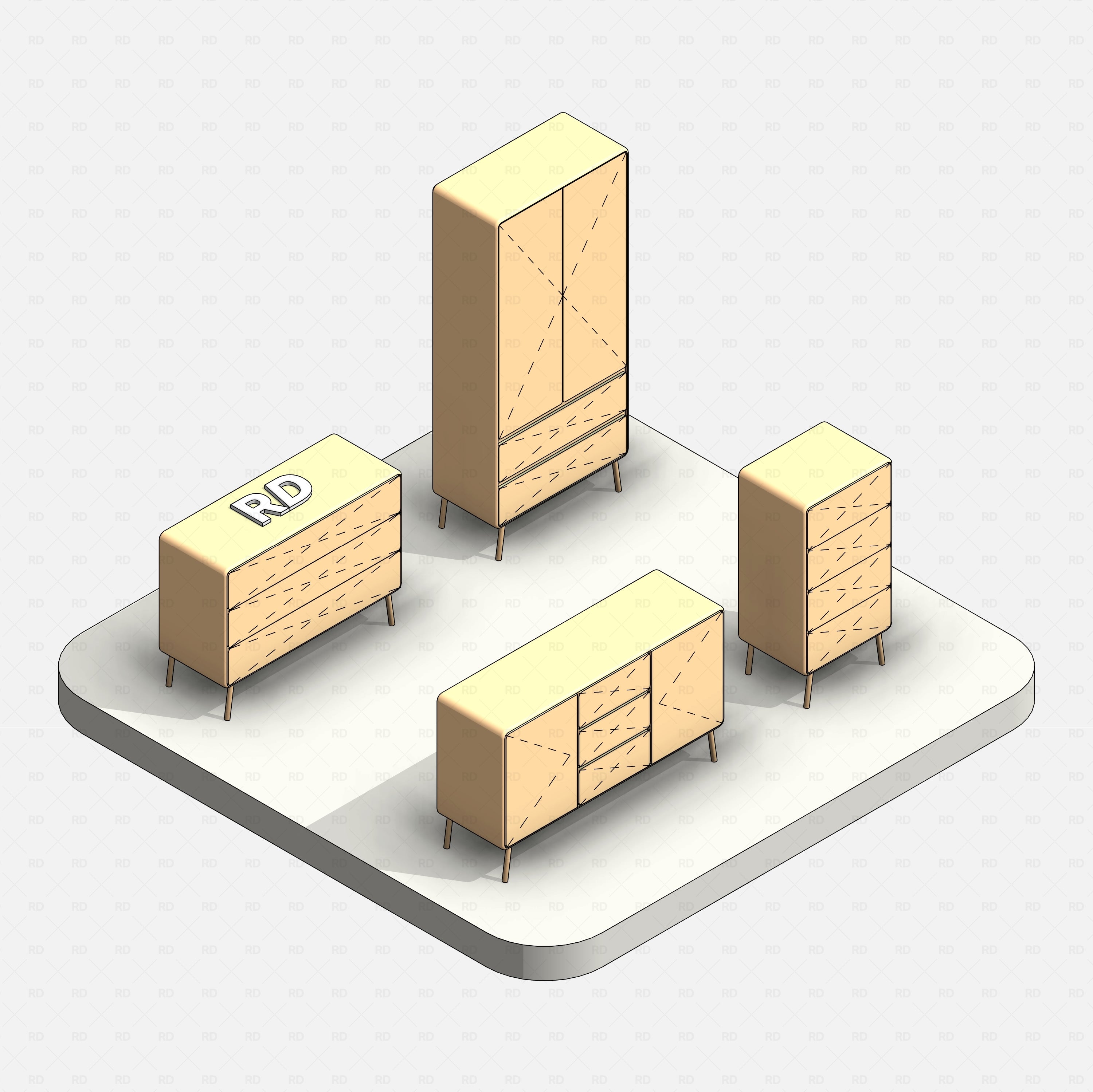 Revit Bedroom Set 01 Pack RD Studio BIM blocks rfa shaded view of bedroom cabinet set on white base platform