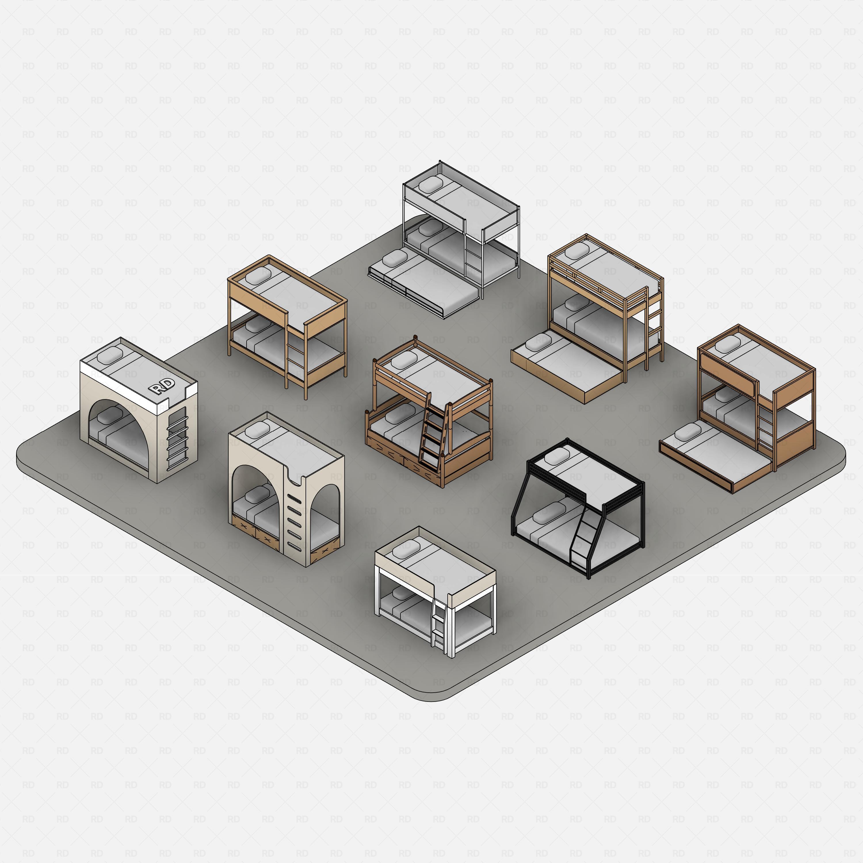 Revit bunk beds 01 pack RD Studio BIM blocks rfa isometric overview of 9 bunk bed types on platform