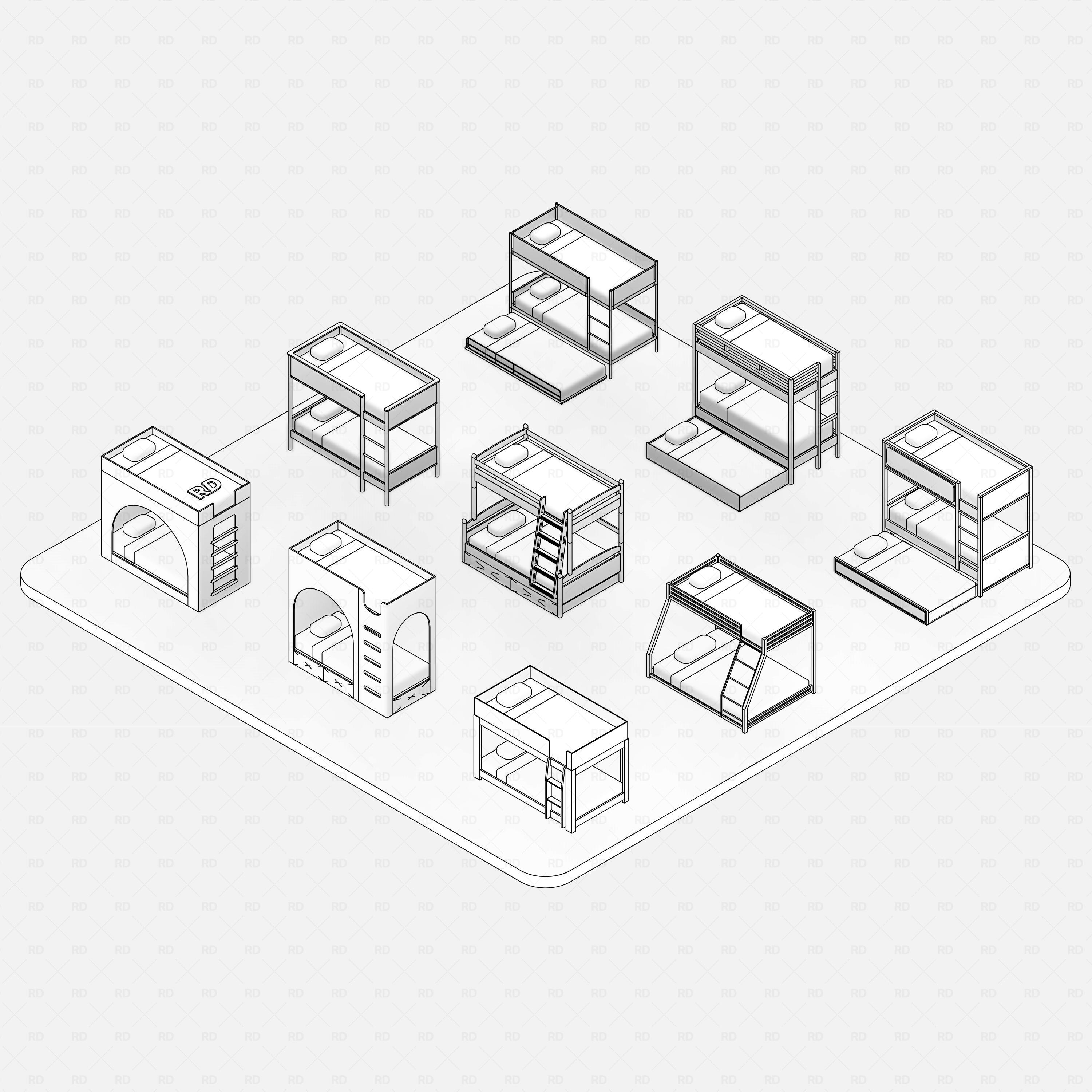 Revit bunk beds 01 pack RD Studio BIM blocks rfa floor plan grid with 9 bed symbols and clearance extents
