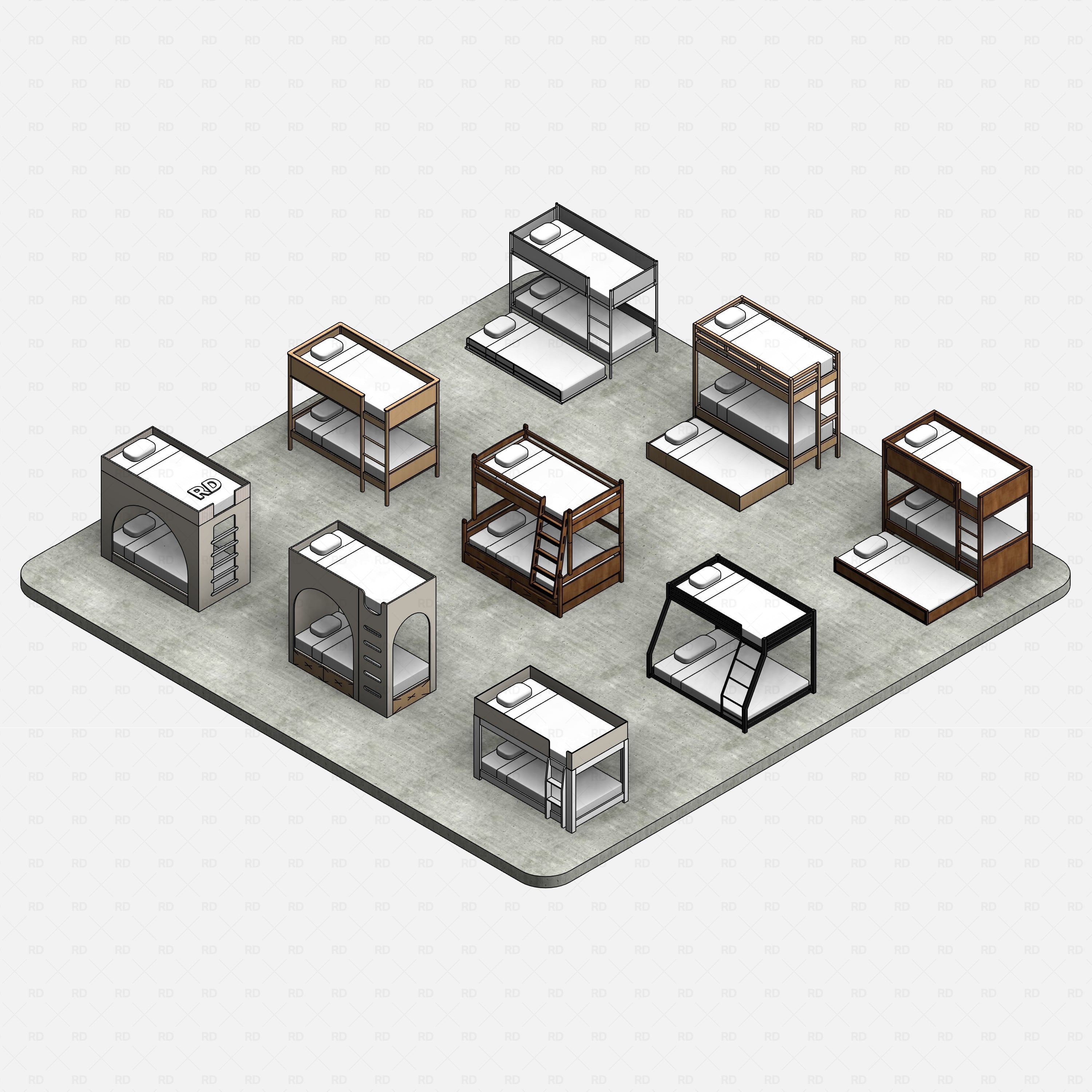 Revit bunk beds 01 pack RD Studio BIM blocks rfa, collection view of 9 bunk designs on concrete floor