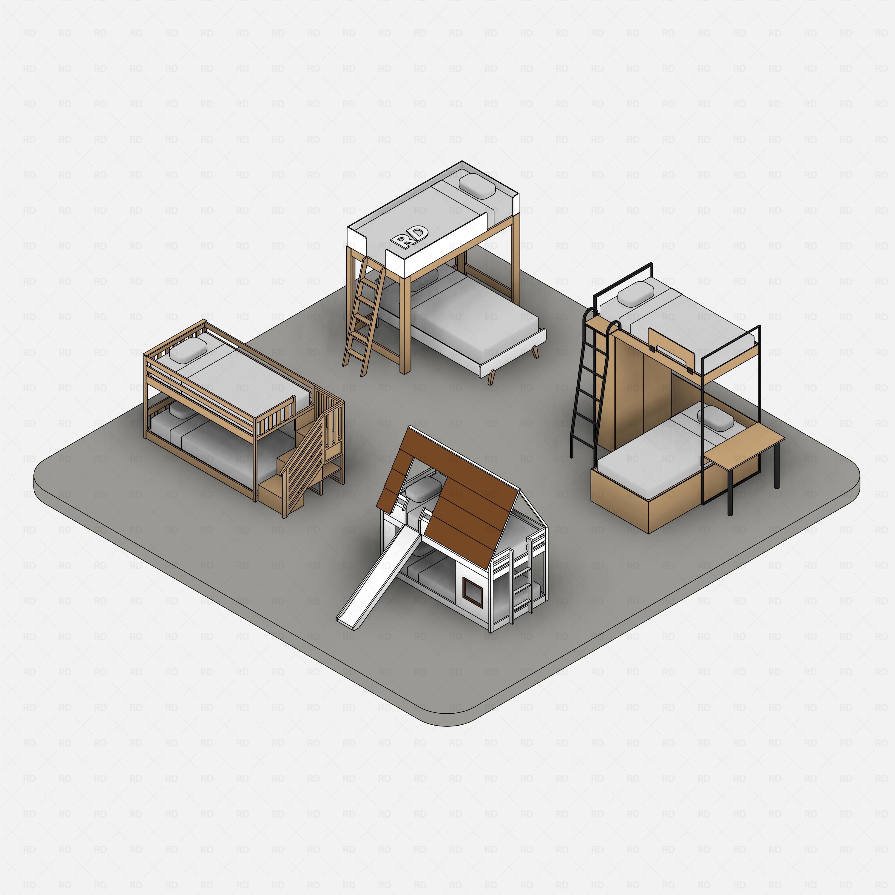 Revit bunk beds 02 pack RD Studio BIM blocks rfa, isometric set of four bunk bed families on platform, colored with edges.