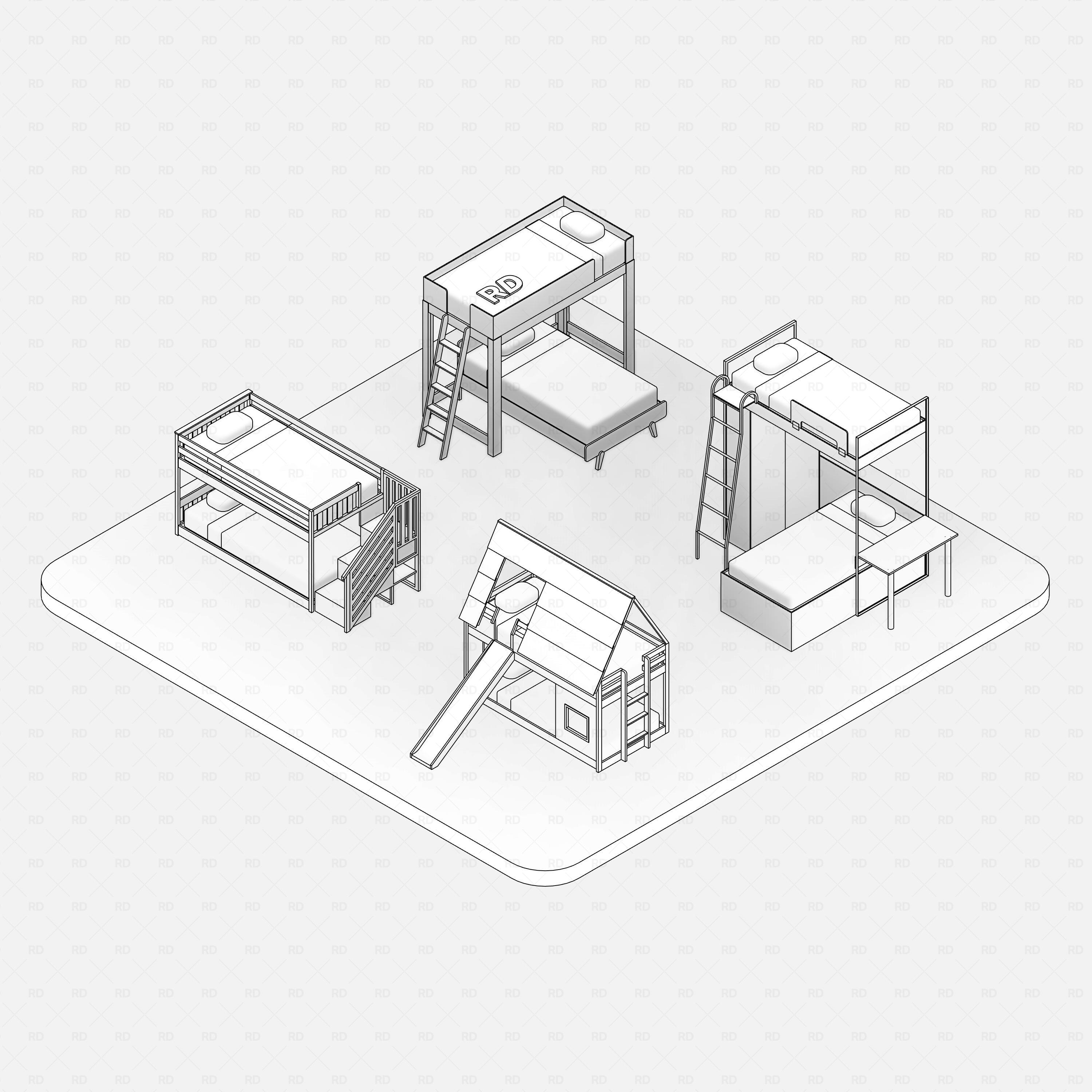 Revit bunk beds 02 pack RD Studio BIM blocks rfa, hidden-line view of four bunk bed families with outlines only.