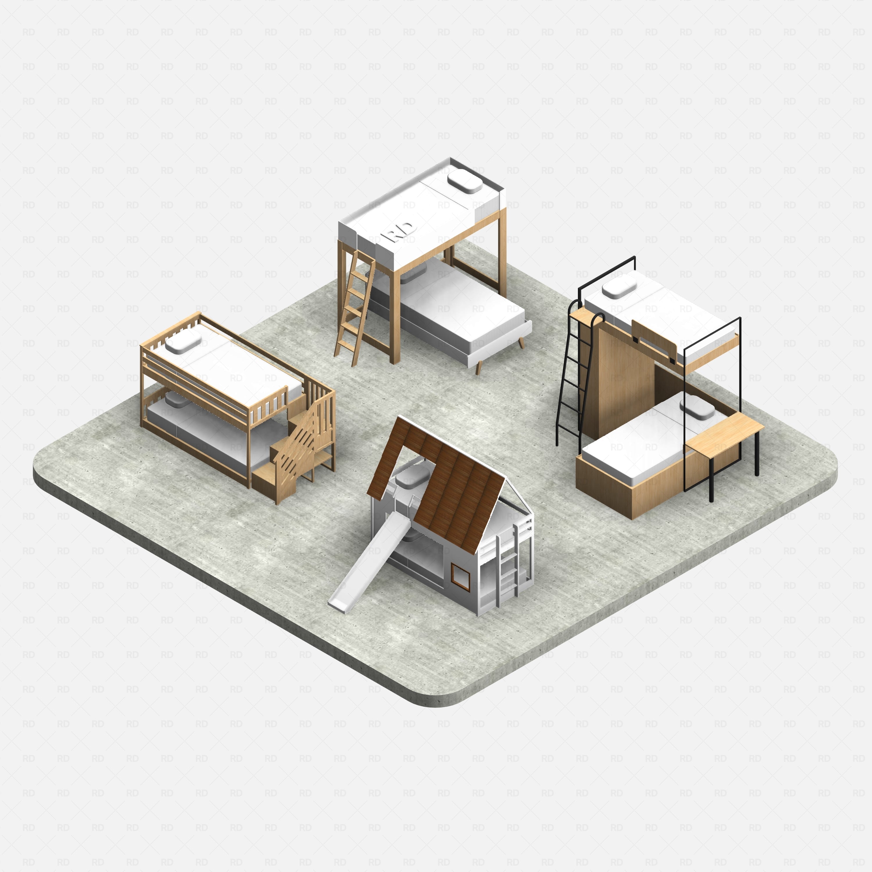 Revit bunk beds 02 pack RD Studio BIM blocks rfa, rendered set on concrete base, smooth shading, no edge lines.
